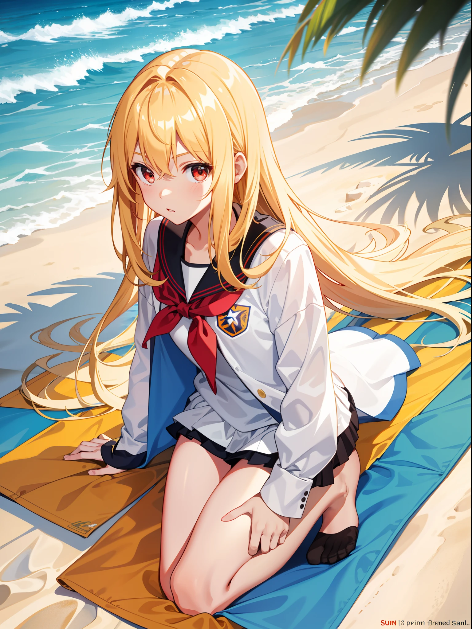 suns，sandbeach，the ocean，swim wears，blond hairbl，hair straight，Red beautiful eyes，Student uniform