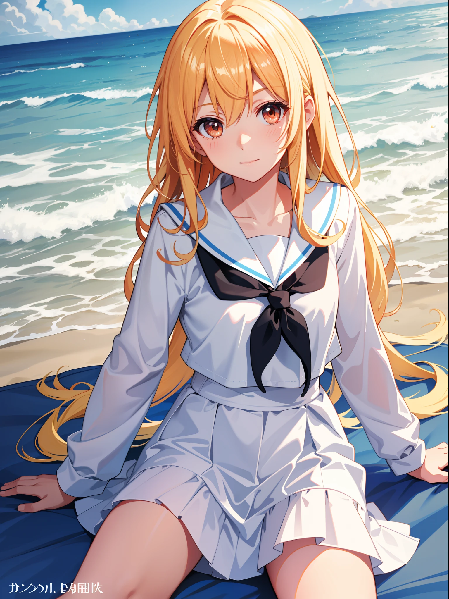 suns,sandbeach,the ocean,swim wears,blond hairbl,hair straight,Red beautiful eyes,Student uniform