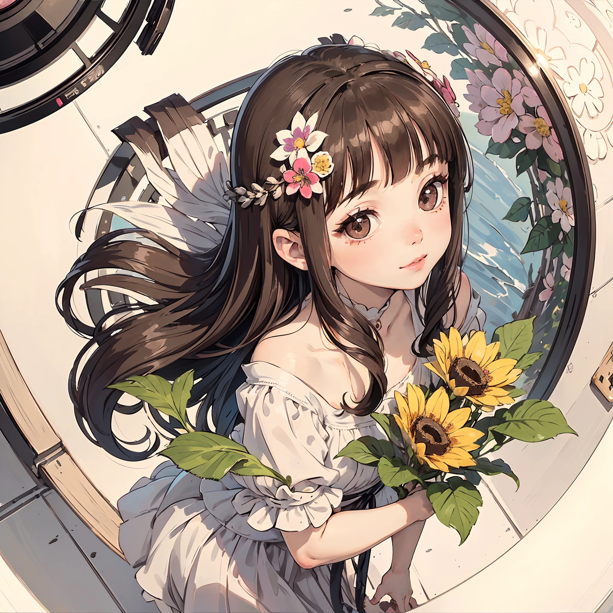extremely cute girl, big eyes, big mouth, small nose, sexy lip, sparkle skin, smile, flower accessories, flower hair, long hair, break, gorgeous dress with small flower, sitting, break, (fisheye-lens:1.3), from above, break, white wall, brown floor, many plant, (focus face, close-up face, cute face:1.3),