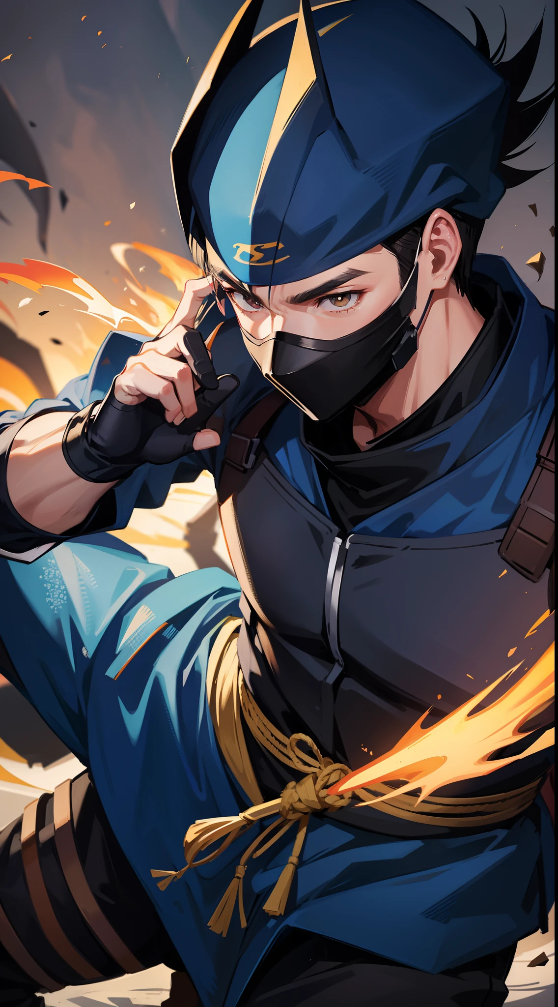 Grown-up guy, ninja, Blue Shinobi Uniform, Brown eyes, mask, Masterpiece, hiquality