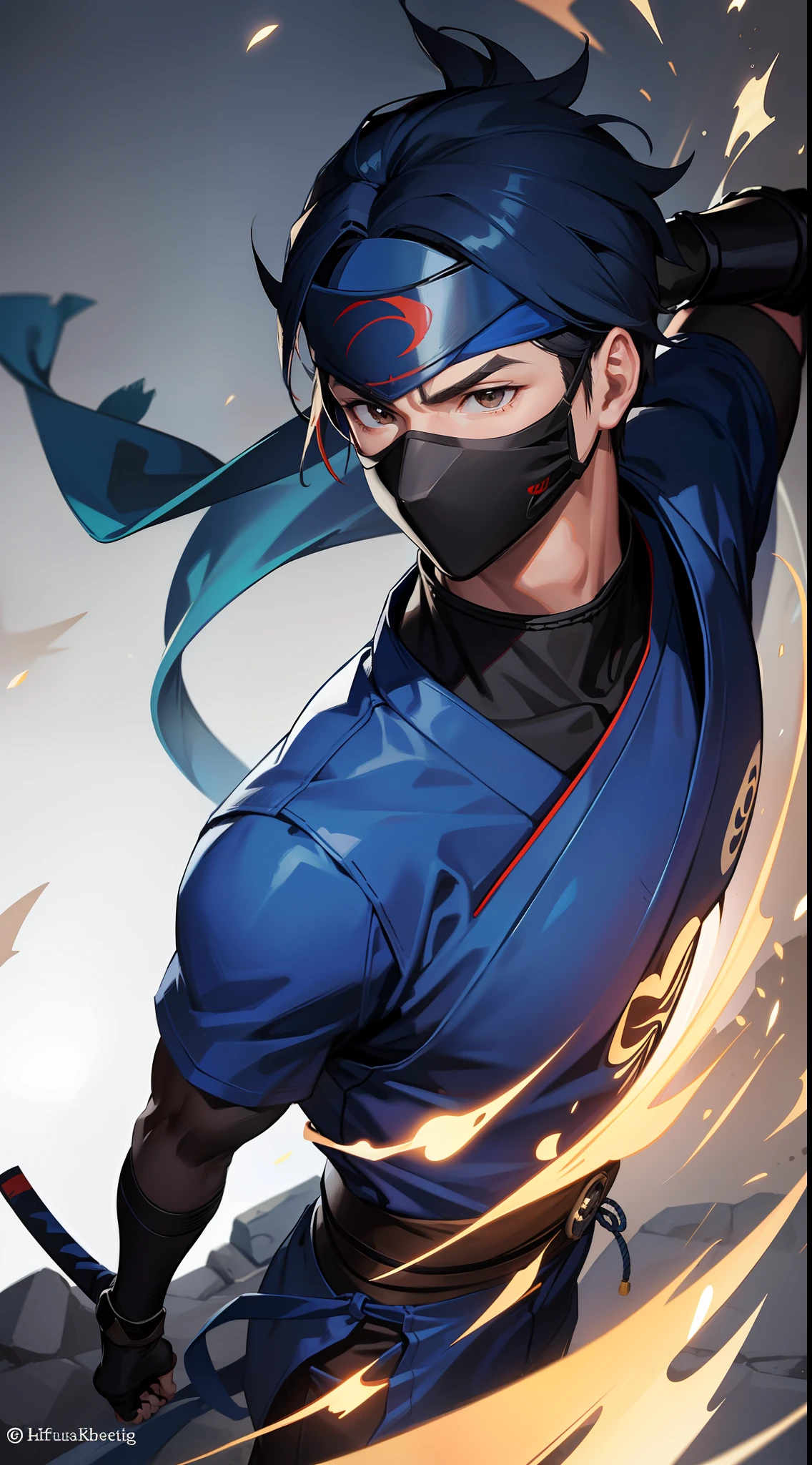Grown-up guy, ninja, Blue Shinobi Uniform, Brown eyes, mask, Masterpiece, hiquality