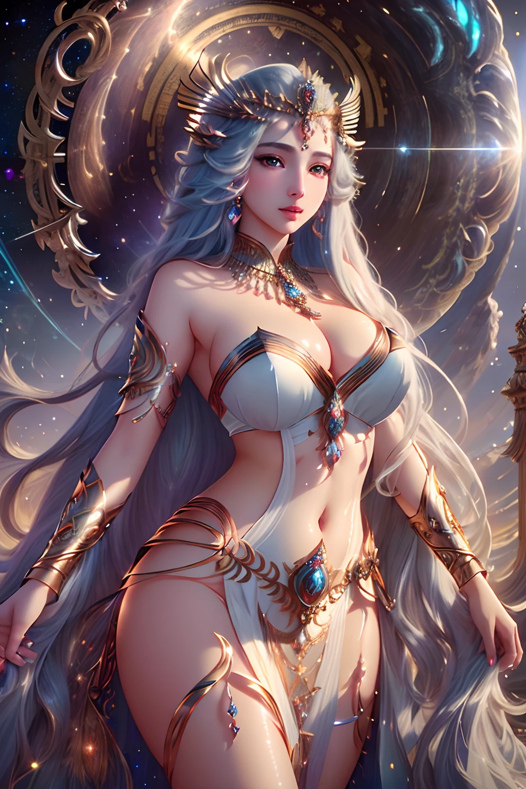 masterpiece, 8k, dslr, ultra-high quality, perfect face, clean, flawless, best illumination, ((a goddess of creation, creating a universe, majestic outfit, godly, in front)), very long hair, jewelery, hair ornament, cinematic lighting, beautiful and detailed eyes, beautiful skin, attractive, ultra-high resolution, high-definition,detailed background,