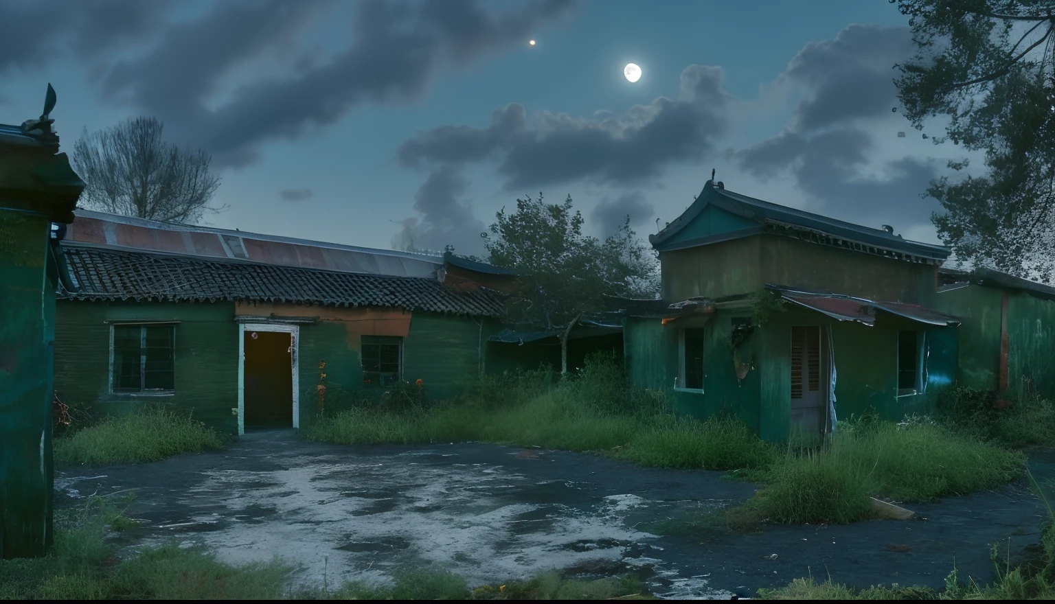 There is a picture of the building,There is a moon in the sky, gloomy clouds、Intense backlighting at night, Sci-fi horror setting, dark night environment, location of a dark old house, Chinatown style old town, nightime village background, deep in the night、White fine moonshine,Ground fog、A wasteland、an overgrown、Contre-Jour、darkly、deep colour、Withered trees、Pointed weeds、Road area water、Wasteland,Surrounded by woods、an overgrown,Dirt roads、The ground is muddy and slate,The wet ground reflects the moonlight