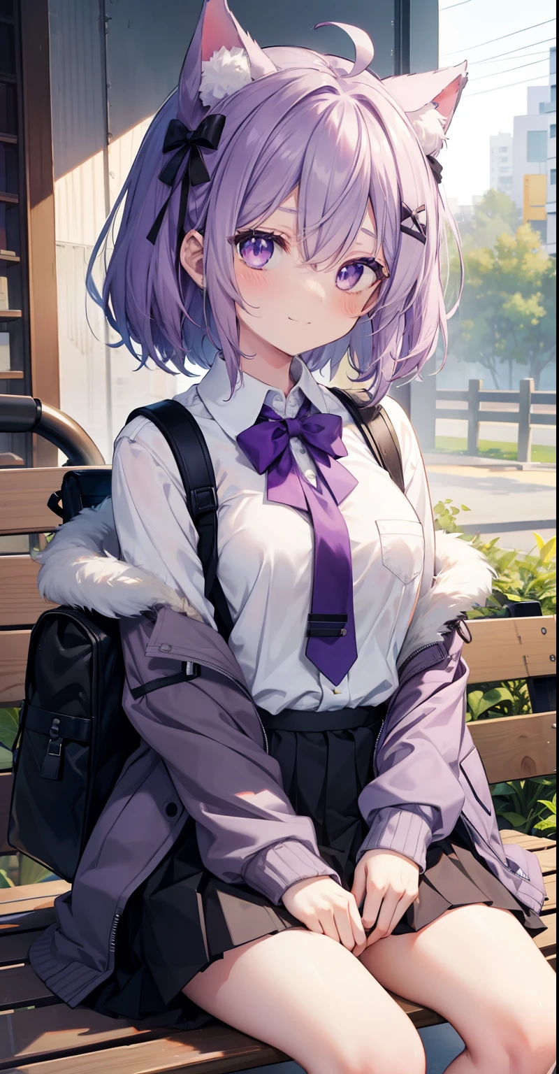 best quality, mainpiece, girl, 1girl, Ahoge, fluff_ear_bug, ear_bug, backpack, bag, fringe, bench, crotch_legs, black_Gemo, black_skirt, blush, bow, bow tie, breasts, Groan, Gem_Ears, Crossed_fringe, Eyebrows_visible_through_fur, gray_jacket, hair_between_eyes, hair_decoration, hand_between_legs, jacket, leaf, elm_in_viewer, medium_breasts, milk_cardboard, openwork_mouth, opening, ruffle_skirt, purple_bow, purple_tie bow, purple_eye, purple_hair, shirt, sitting, skirt, smile, alone, virtual_youtuber, white_shirt