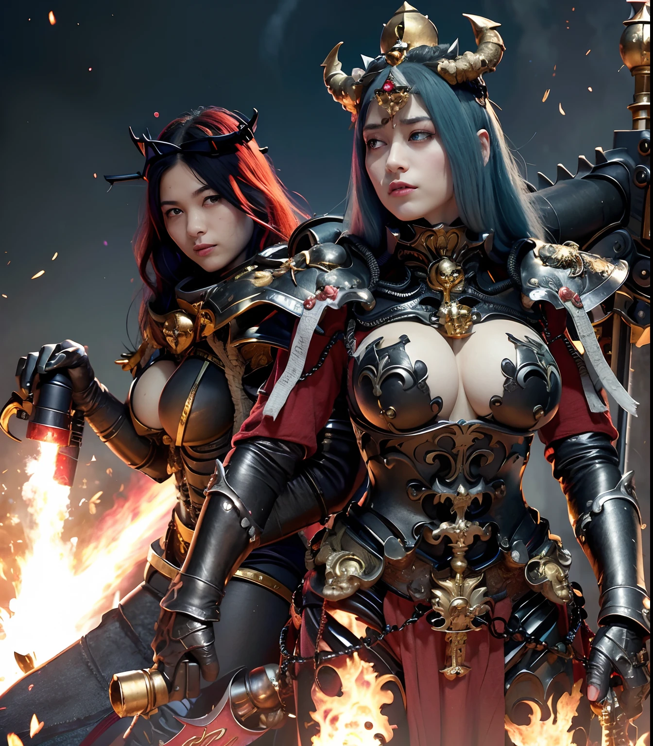 (masutepiece), Professional , masterpiece、top-quality、photos realistic , depth of fields 、(Gemstone Black Metal Body:1.9),(Matte Black、(cleavage of the breast)、Dragon Gold Weapon(Dragon Metal Body:1.4),Gorgeous gold weapons ,(( Dragon's dense and gorgeous sword)) , Ultimate Beauty ,warhammer 40k , adepta sororitas,Detail and gorgeous crown、((Blue hair))、(Castle background)、The dragon、((Gangle's forest background))、Beautiful Caucasian beauty、(1a person)、dynamic ungle,(((Detailed and ornate Black Devil Crown)))、Smaller head、A smile、Castle background、Thin and beautiful female hands、cleavage of the breast、Soldier in iron armor on background、Mystical expression、Light Effects、Wind-effect、magic circles、With the legendary magic wand、(demonic wings)、(Blue hair)、(1 persons)、Battle Look、Anatomically correct body、Toostock、Toostock、