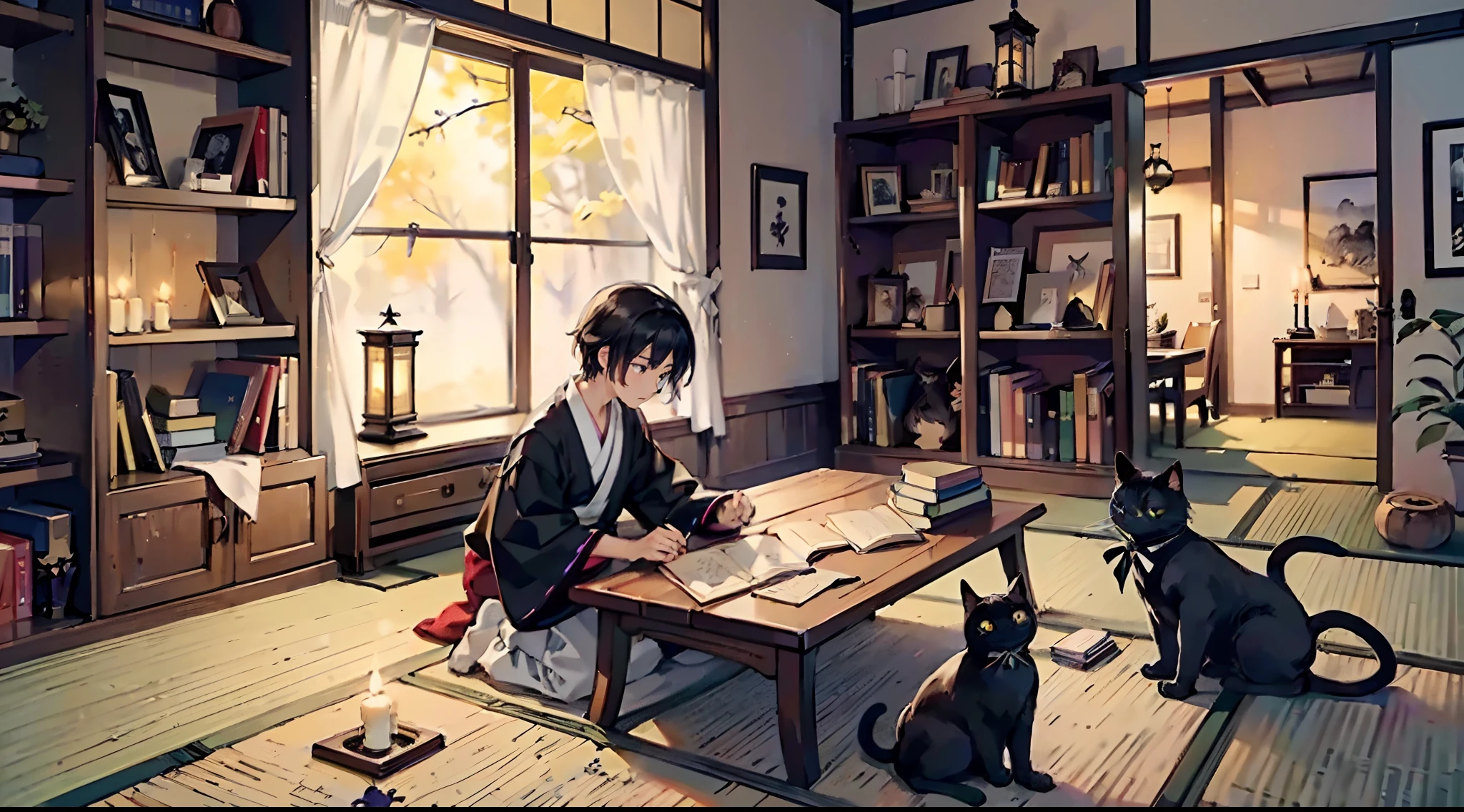 #the beautiful night sky (darkness of night,no light),
#a writing boy (16 male、Honor Students、A dark-haired、short-hair、hakama、white tight collar shirt),
#the room at night (less light,black cat,wooden low table,one candle,pretty tatami,a lot of books,bookshelf)