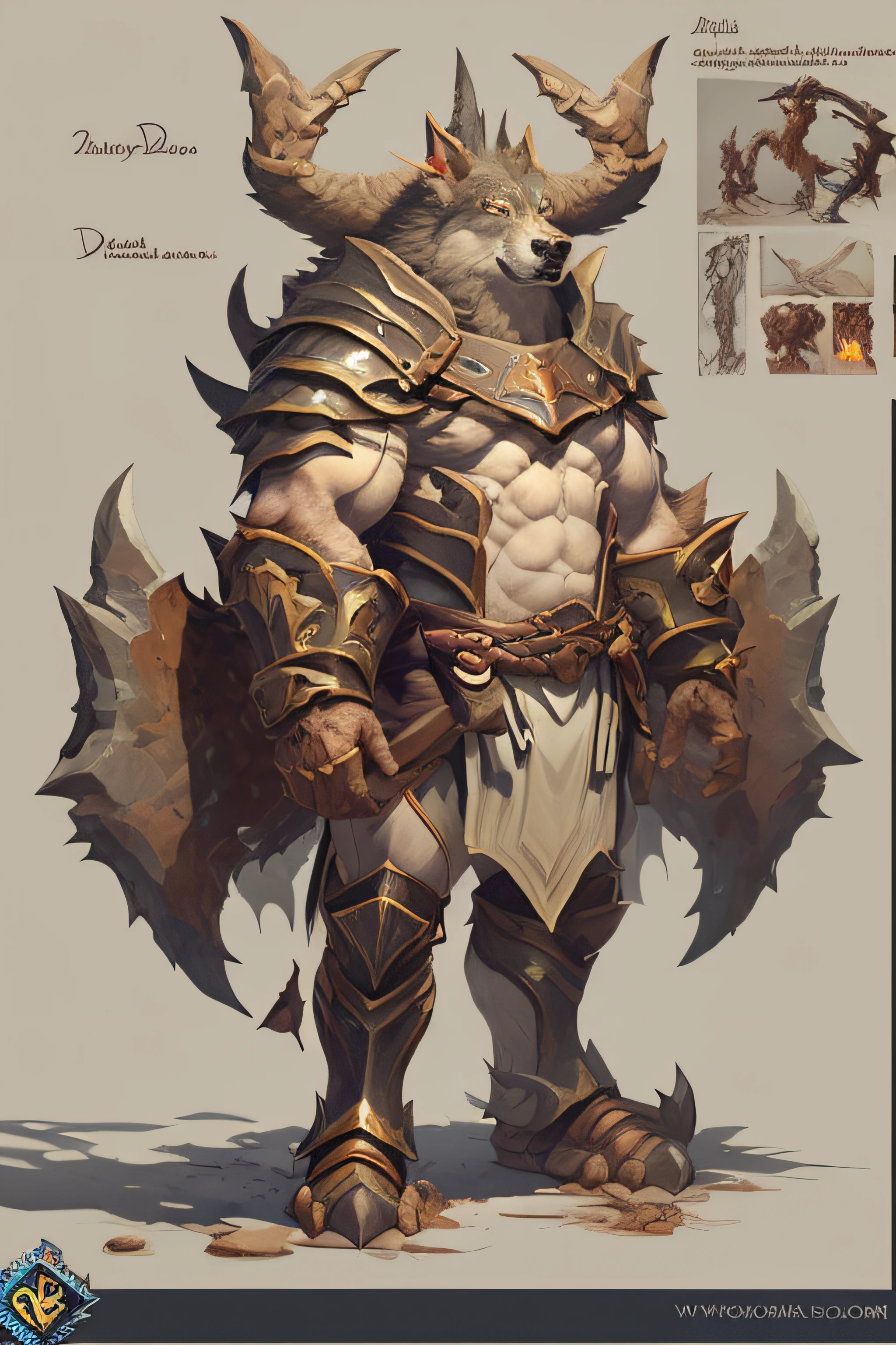 Drawing of a character with a big horned head and a big figure, detailed full body concept art, detailed full-body concept, wolf armor, Highly detailed character design, high detail concept art, expert high detail concept art, heroic fantasy character concept, dnd goliath character concept, rpg concept art character, full body concept, detailed conceptual drawing, beautiful full-body concept art
