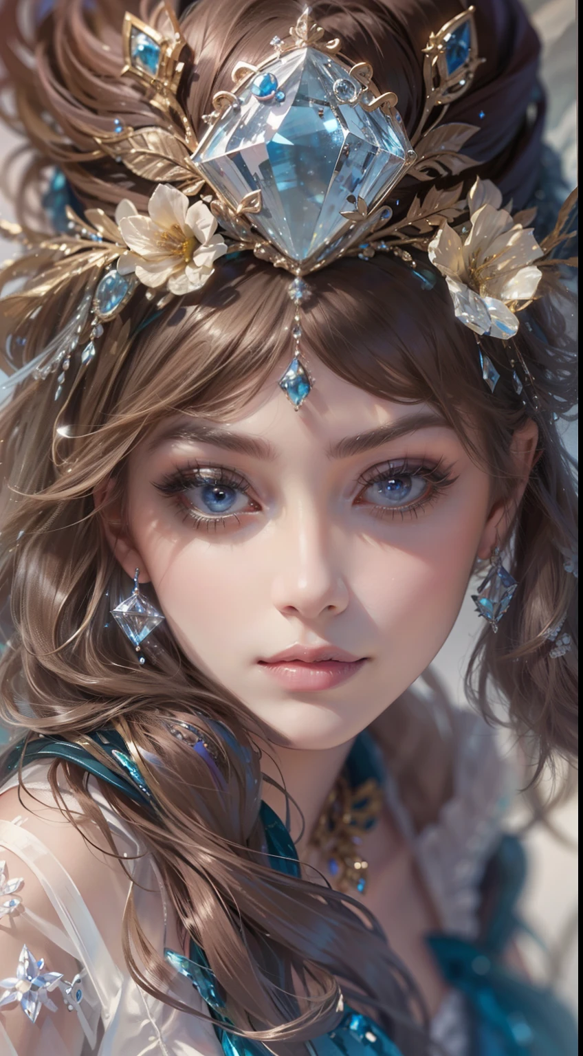 tmasterpiece,Highest high resolution,Dynamic bust of beautiful aristocratic maiden,Brown chestnut hair elegantly coiled,(With a blue hat),Purple clear eyes,The hair is covered with beautiful and delicate floral craftsmanship, Crystal jewelry filigree,Ultra-detailed details,upscaled。