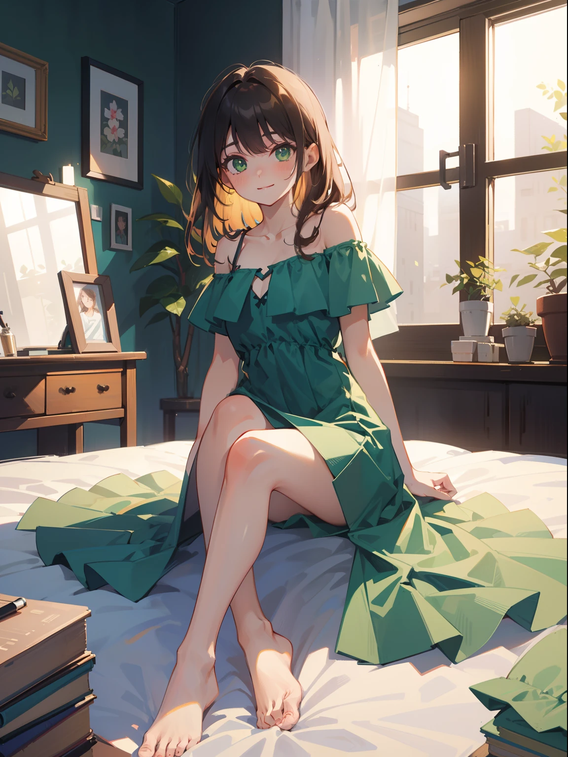 (8K、Highest image quality、highest quality、masterpiece)、detailed face、1 woman、brown hair、sidetail、brown eyes、smile、Light green eyes、big breasts、yellow green camisole、cowboy shot、sit on the bed、bedroom background