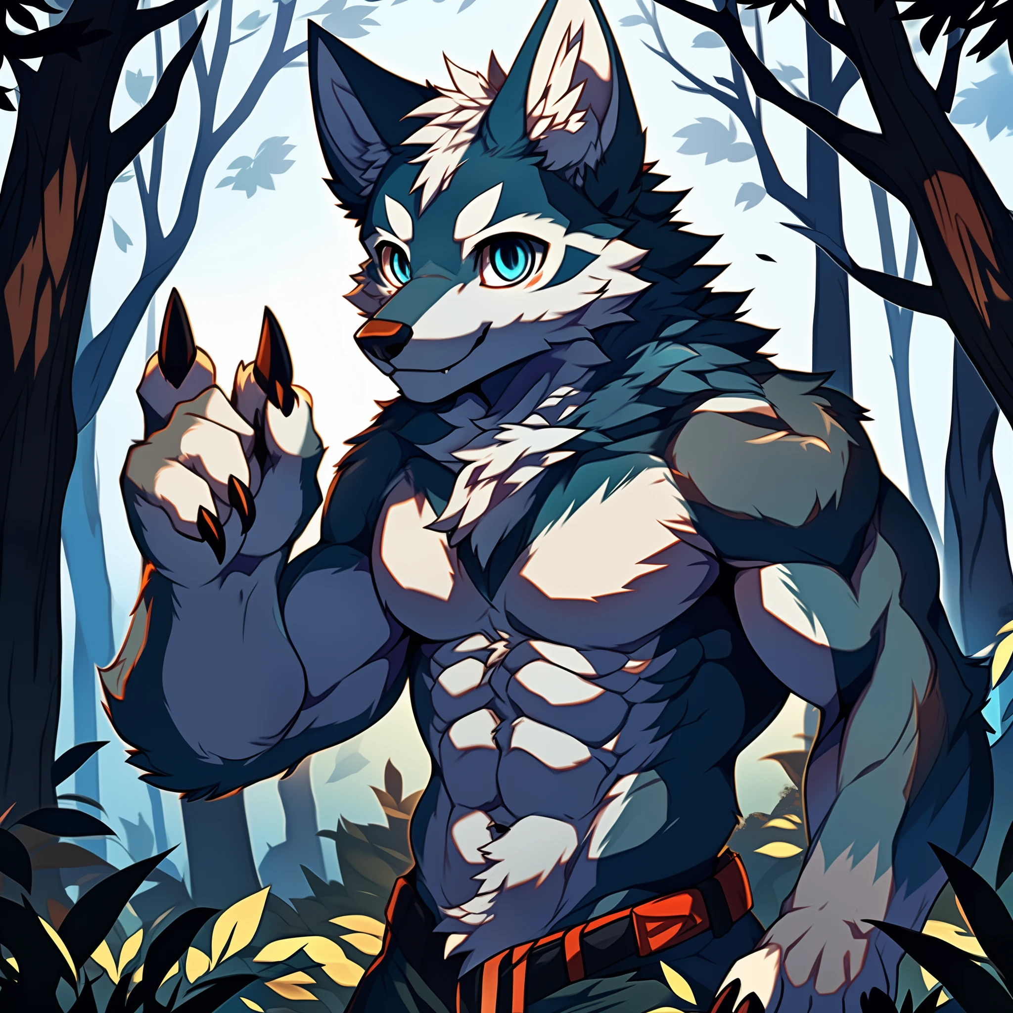 Solo, Male, (Muscular), (male anthro wolf):1.3, Black body, White belly, (Detailed eyes, blue color eyes, Sharp claws，Cute beast claws):1.1, (exteriors:1.35), ln the forest, the night