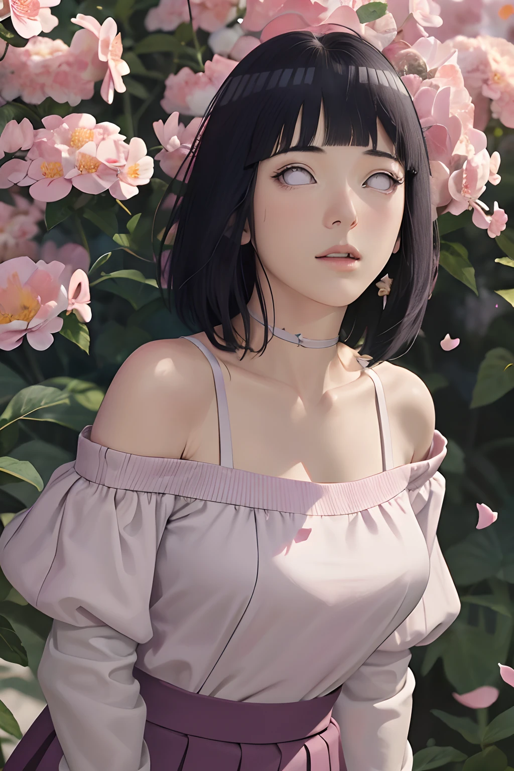 masterpiece, absurdres, hinata\(boruto\), 1girl, solo,mature female, off-shoulder oversized shirt, looking at viewer, (falling petals), perfect composition, detailed lips, big breast, beautiful face, body propotion, blush, (pink lips), long hair, purple eyes, soft gaze, super realistic, detailed, photoshoot, realistic face and body,