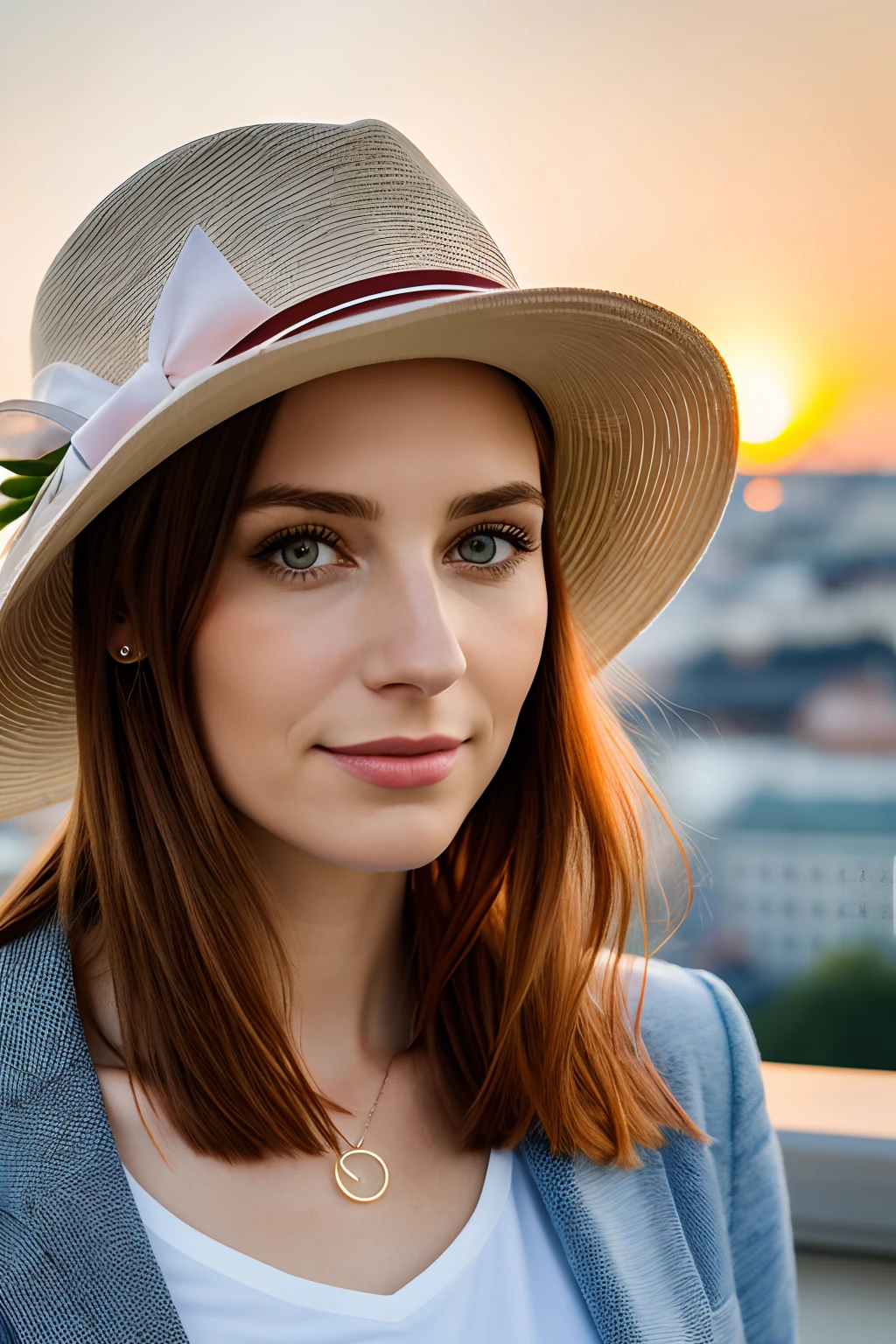 a portrait of a beautiful woman, (Height 1.2), Sie hat langes, gewelltes und rotes Haar, Sonnenuntergang, sun-kissed, Sonnenschein,in wien,blaue Augen