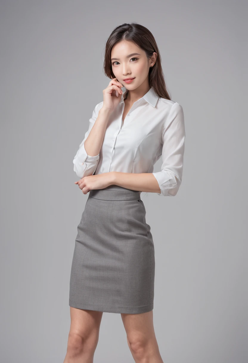 Allard woman holding cell phone in skirt and high heels, office clothes, grey skirt, Business clothes, business outfit, cute elegant pose, Attractive pose, wearing business casual dress, white shirt and grey skirt, side pose, casual business outfit, advertisement picture, Slim legs, standing elegant pose, Long thin legs, woman model,standing elegant pose