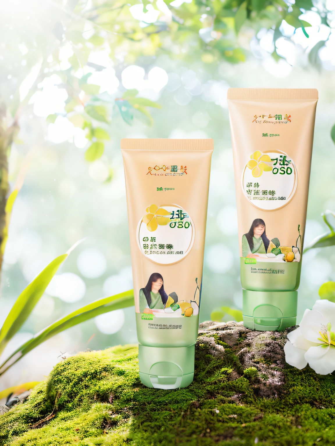 Two cleansers sitting on mossy rocks, ProductAdvertisements, product image, Product photo, Chiba Yuda, Clean face and body skin, skin care, their, 3 5 °, product label, product - view, beauty shot, 65mm，high qualityProduct photography, Caustics，Packaging shooting, Fine focus, Depth of field, 120mm shooting, Hasselblad shooting, Clear, Focus on commercial photography，8K