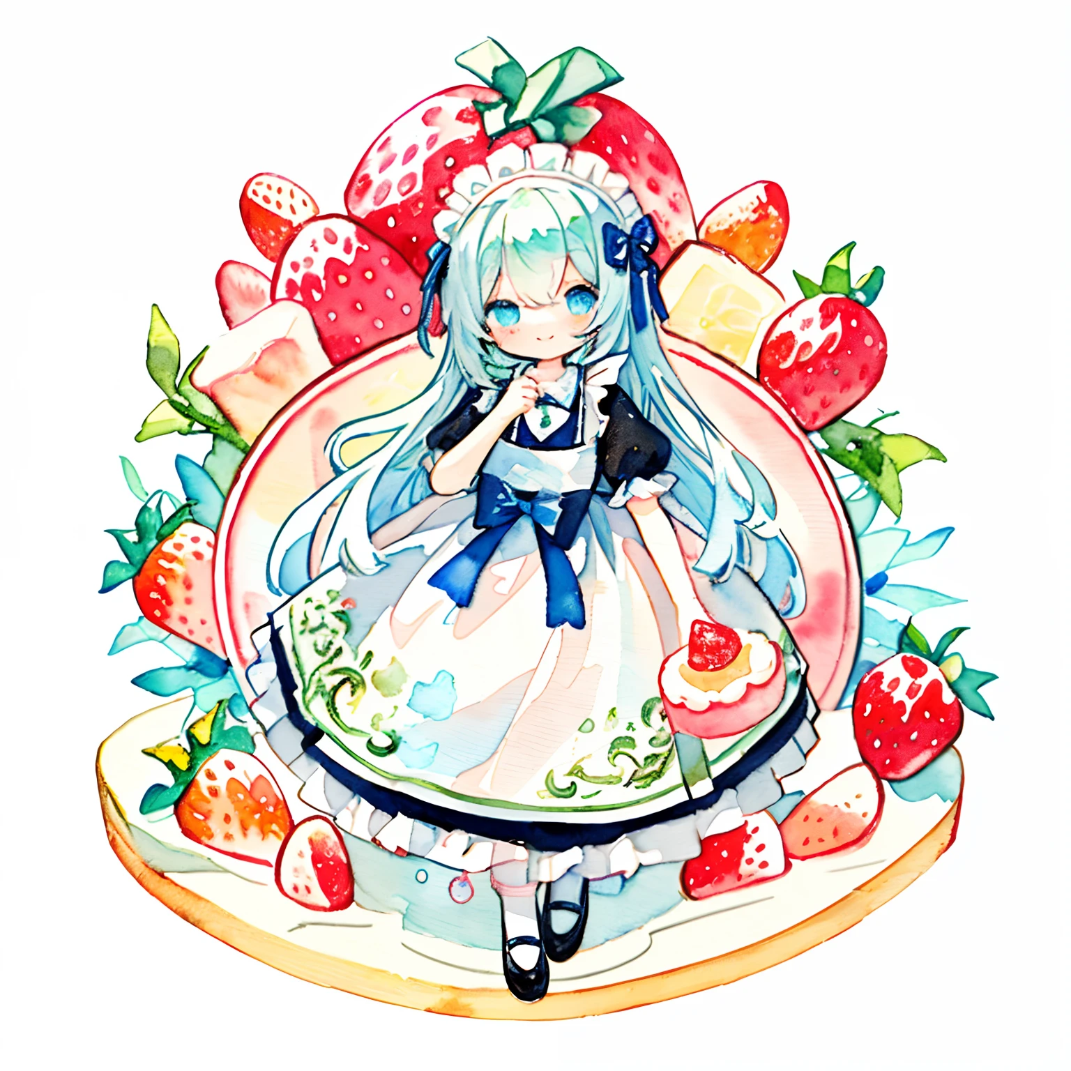 PastelColors:1.5)、(Cute illustration:1.5)、(watercolor paiting:1.2)、Light blue background、girl with、full body Esbian、smile smile、Stranger、Pale yellow all over、Moya、marble、colourfull、jello、a cake、Cake Girl、Kawaii Girl、Dressed in maid clothes、Strawberry hair ornament