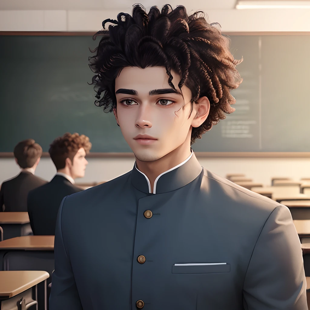 In a bustling classroom, a 19-year-old boy stands confidently, his most striking feature being his exceptionally large and curly hair that adds a unique twist to his very handsome appearance. His hair's wild coils frame his face in a captivating way, drawing attention to his charismatic expression. Dressed in simple yet stylish Indian clothes, his outfit complements his natural charm. The absence of body allows his hair and face to be the focal points, capturing the essence of his presence. The busy classroom setting adds a sense of youthful energy to the scene. Style: Realistic digital painting with attention to facial details and the intricate texture of the hair