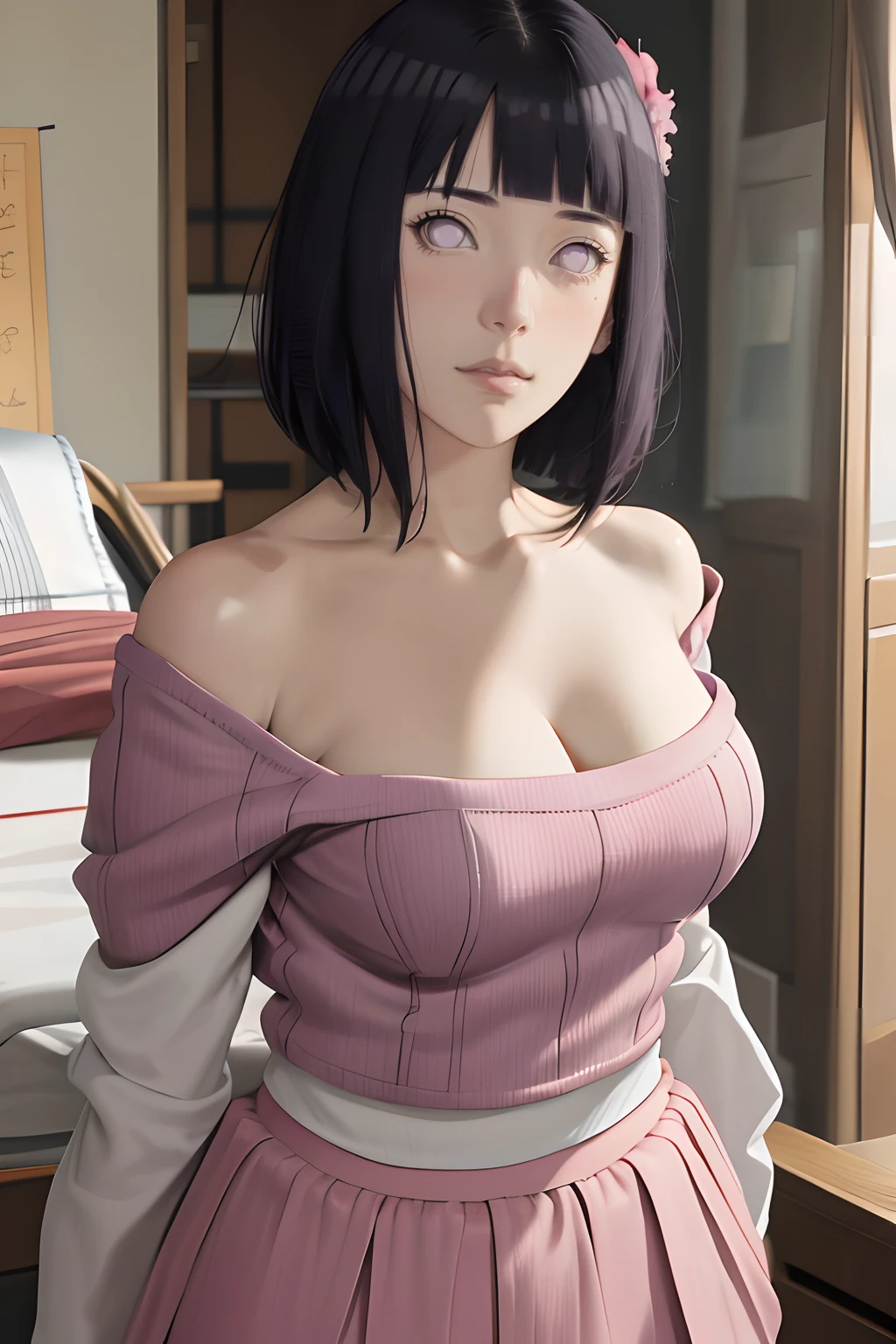 Hitana is squatting by spreading legs, wearing a purple panty, revealing her purple bra by uplifting hoodie, masterpiece, absurdres, hinata\(boruto\), 1girl, solo,mature female, hoddie and purple panty, perfect composition, detailed lips, big breast, beautiful face, body propotion, blush, (pink lips), long hair, purple eyes, soft gaze, super realistic, detailed, photoshoot, green landscape , green plants