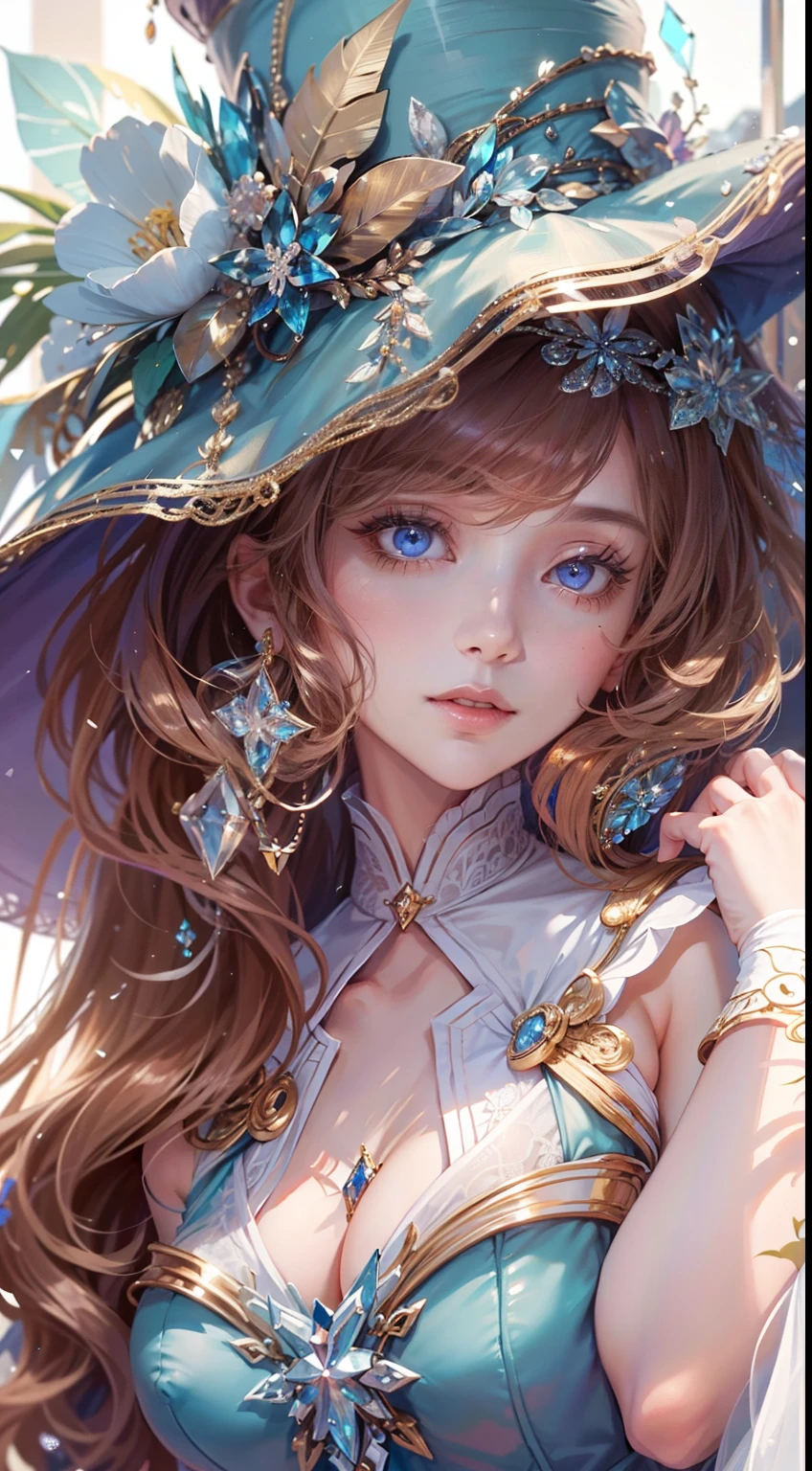 tmasterpiece,Highest high resolution,Dynamic bust of beautiful aristocratic maiden,Brown chestnut hair elegantly coiled,((With a huge blue hat)),Purple clear eyes,The hair is covered with beautiful and delicate floral craftsmanship, Crystal jewelry filigree,Ultra-detailed details,upscaled。