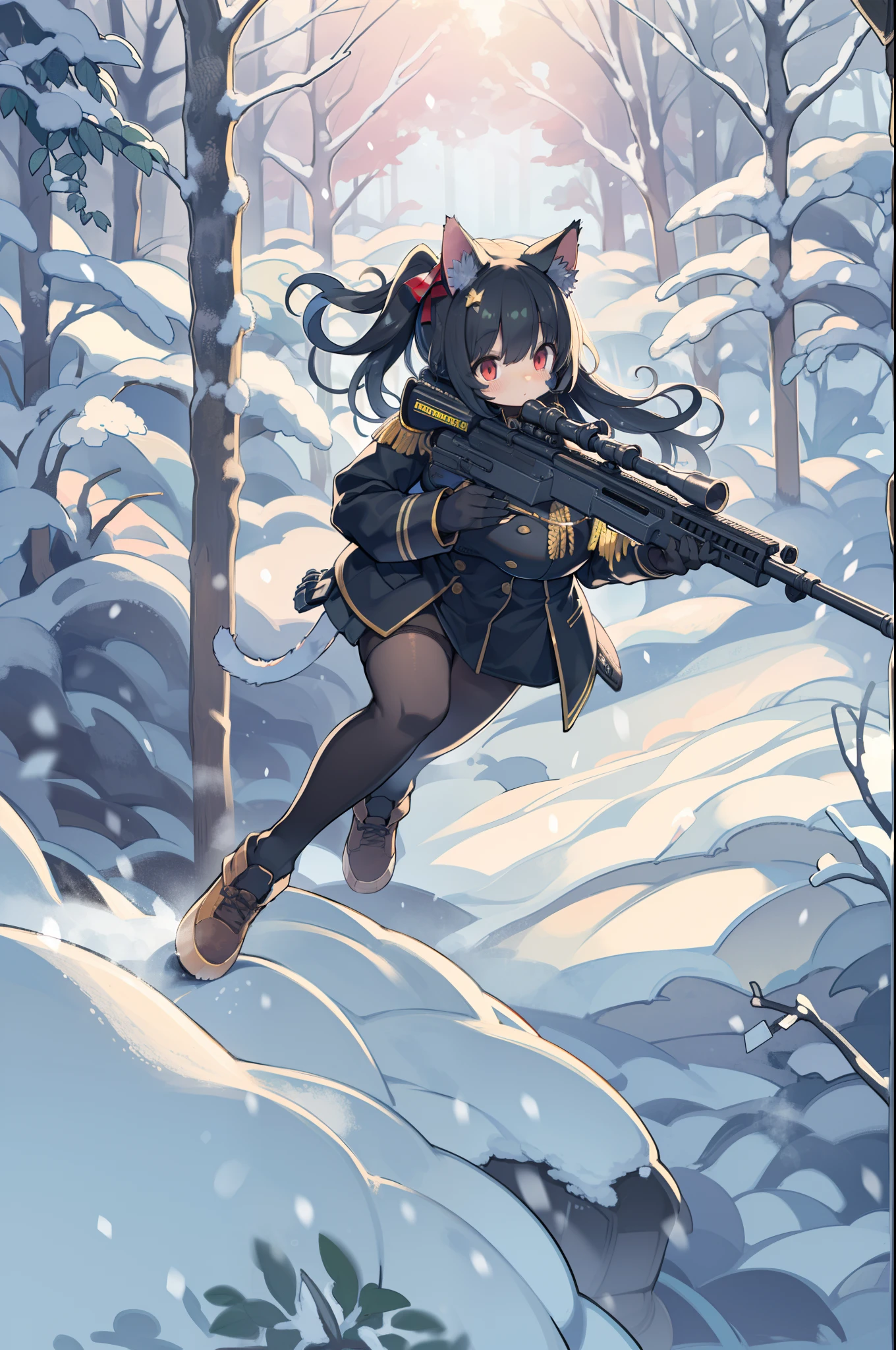 snowy forest, Black hair, Cat ears, Cat Girl, Red Eyes, As I ran, officer uniform, , Germany, Black Officer Uniform,huge-breasted、Giant Sniper Rifle、From the top、Overhead view,Very Wide Shot