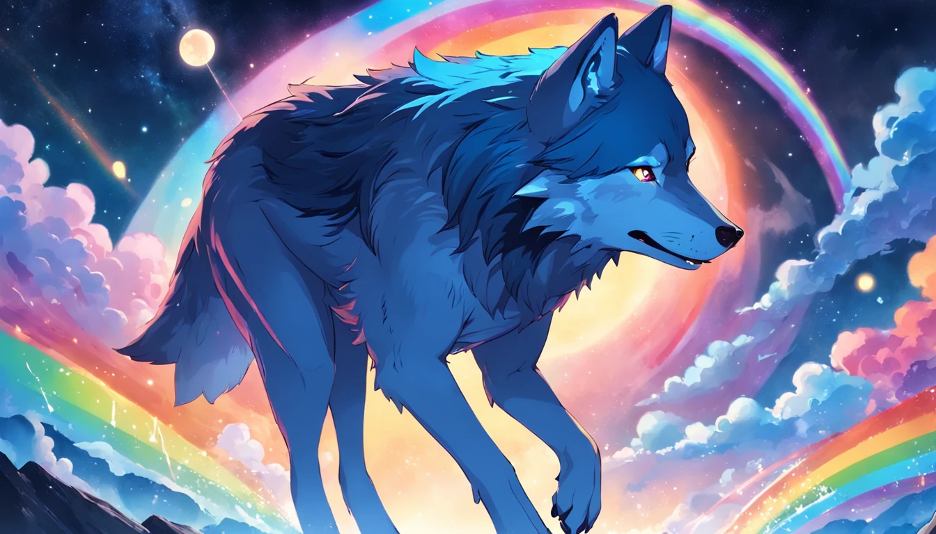 Card frame　Blue wolf　Lively and cheerful teenager rainbow color background　Extremely colorful　Design the starry sky