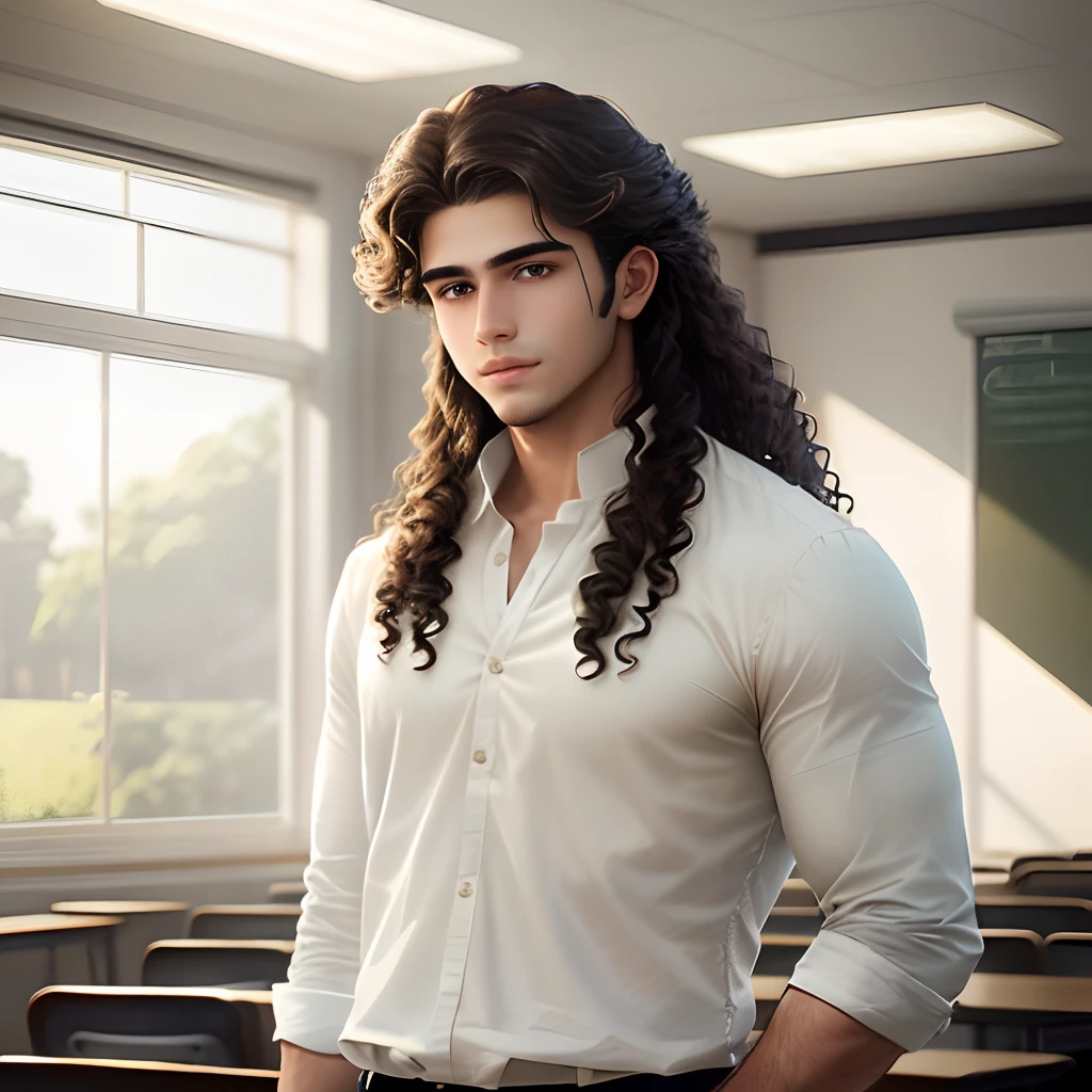 In a classroom filled with natural light, a 19-year-old boy stands with an air of confidence. His most captivating feature is his remarkably large and curly hair that adds a touch of uniqueness to his very handsome appearance. The curls flow gracefully, enhancing the visual impact of his charismatic expression. Dressed in simple Indian clothes, his attire blends seamlessly with his style. The absence of body highlights the intricate texture of his hair and the charm of his face. The classroom setting creates a serene backdrop for his presence. Style: Detailed pencil sketch with emphasis on light and shadow, capturing the depth and volume of the hair