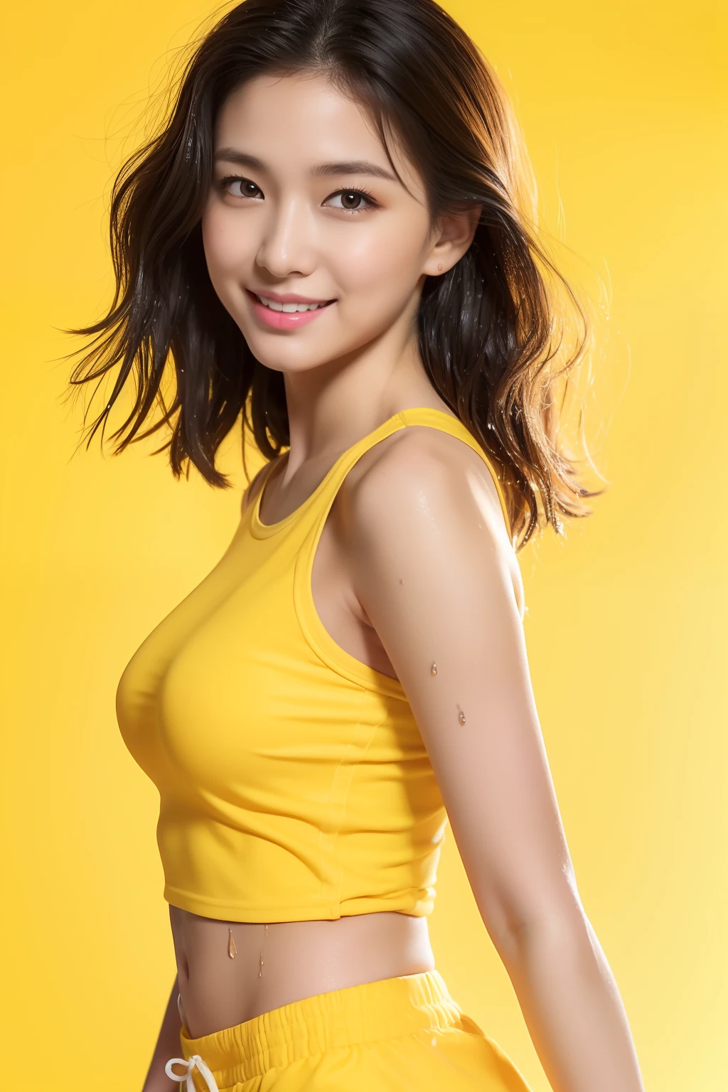 (Best Quality, 8k, 32k, Masterpiece, UHD:1.2), (1 slender woman of Japan, 28 years old), Dark Brown Hair, Bright in the foreground, Professional Lighting, Photon Mapping, Radiosity, shading:1.3, (High Definition Skin:1.2), huge breasts:1.2, (shorts, Exposed Shoulder:1.1), ((provocative dynamic pose, Random Pose)), (she is wet), Top-Down View:1.5, (Yellow Basketball Uniform:1.1), Ultra Detailed Face, Detailed Lips, Detailed Eyes, Double Eyelids, Dignified small nose, Huge breasts, (sensual gaze to the photographer, lips slightly open), BREAK (Yellow background, Gradation:1.3), High quality, 4K, Happy smile,