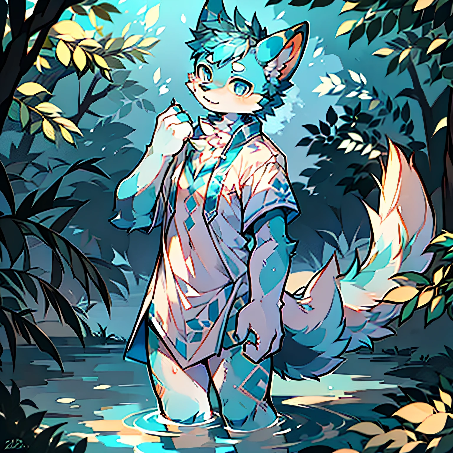 (Bright environment:0.8,in a panoramic view,Character focus,detailedbackground:0.7,独奏,shaggy,shaggy male,malefocus,Anthro,Full Body Furry,Fluffy tail,White fur,Blue pattern,blue color eyes,blue hairs:1.2,In a white blouse shirt,There is a blue pattern on it,in the water)