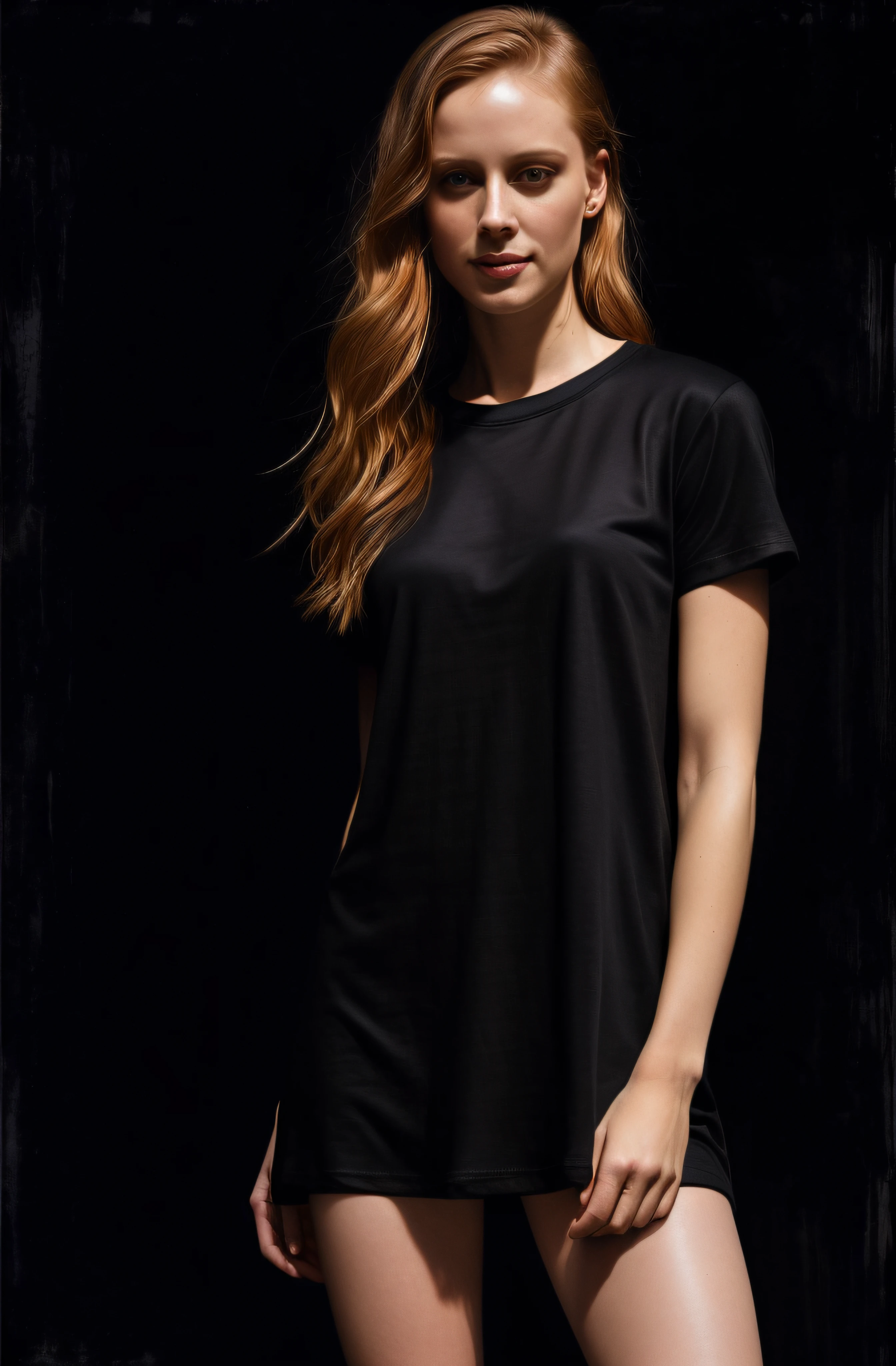 RAW photo, a close-up portrait photo, full body front view of 25 year old female, Deborah Ann Woll, (((wearing only a black plain men's T-shirt as a dress))), (((round shirt collar, crew neck))), (((wearing only men's plain black large T-shirt))), (((men's plain black large cotton T-shirt: 1.2))), (((short-sleeved T-shirt, men's large plain T-shirt))), (bare legs, leg showing , t-shirt covering legs), (((arm tattoos))), wavy red hair, short haircut, pale skin, slim and toned body, dream shot, dramatic pose, looking straight at camera, intense gaze, ((smile)), portrait, half body crop, half body shot, full body shot, ((from facing the camera, front view)), detailed skin texture, standing in the nightclub, (highly detailed skin: 1.2), 8k uhd, dslr, (((difuse uv light, ultraviolet purple lighting nightclub style, ultraviolet nightclub soft illumination))), (((front lighting with ultraviolet light))), high quality, film grain, Fujifilm XT3, (wallpaper 8k from extremely detailed CG unit), ((square jaw)), (well-defined jaw), (downturned lips), (detailed anatomy), hyper-realistic, trend in cgs society, intricate, high detail, sharp focus, Dramatic, Volumetric ultraviolet lighting, digital painting, intense, modelshoot style, (extremely detailed 8k wallpaper from CG unit), full body shot of the world's most beautiful artwork, pearlescent skin, Directed By: Jeremy Mann, trending on ArtStation , Photorealistic painting art by MidJourney