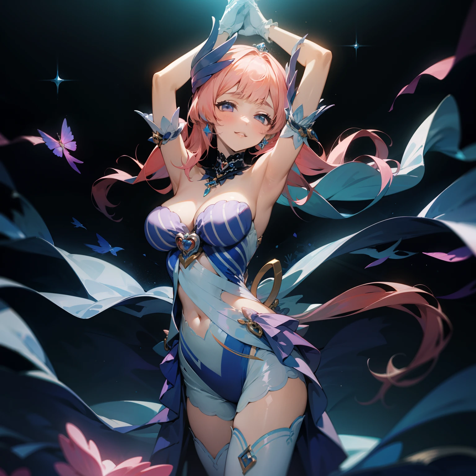 dream magical,tmasterpiece,Masterpiece,extreme hight detail,Ultimate temptation。Dance。Absolutely beautiful,Extreme background,ellegance,Stage,Big star,Coral Palace Heart Sea