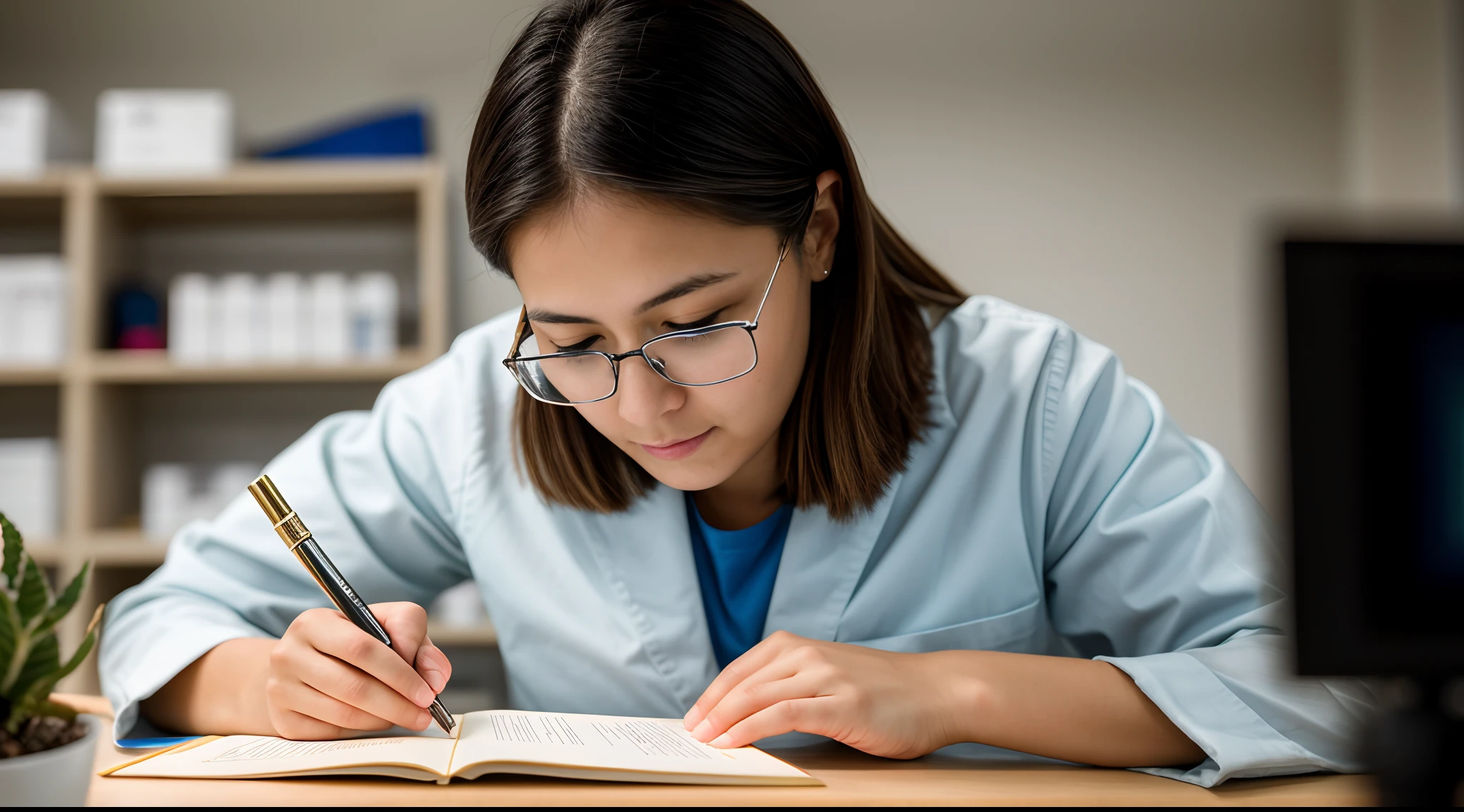 instagram photo, closeup face photo A female scientist meticulously documenting her observations in a notebook, meticulous, methodical, Panasonic Lumix GH5 with 50mm f/1.8 lens, even studio lighting, still life photography.