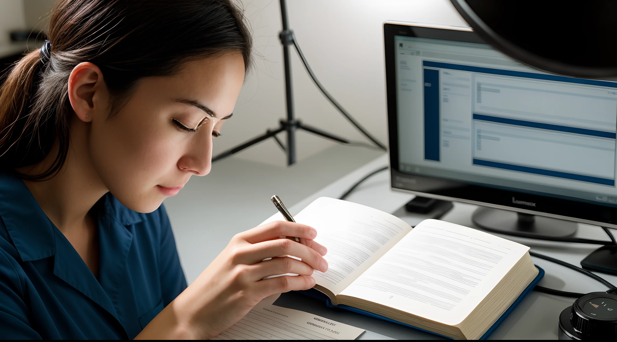 instagram photo, closeup face photo A female scientist meticulously documenting her observations in a notebook, meticulous, methodical, Panasonic Lumix GH5 with 50mm f/1.8 lens, even studio lighting, still life photography.