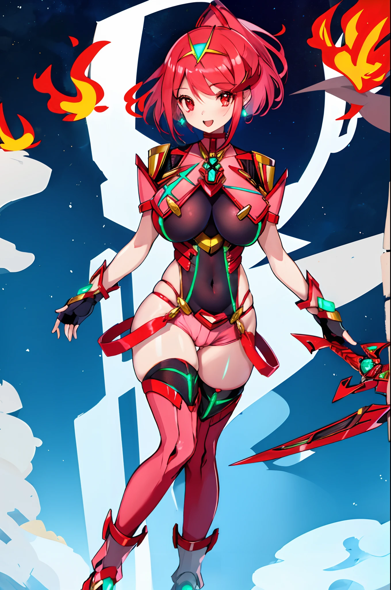 pyra \(xenoblade\), teen_1girl, loli, armor, bangs, black gloves, breasts, red eyes, light_open_mouth, earrings, eyelashes, fingerless gloves, floating hair, framed breasts, gem, gloves, hair ornament, headpiece, jewelry, big_breasts, leaning back, leotard, neon trim, official art, pose, red hair, red shorts, saitou masatsugu, short hair, short shorts, short sleeves, shorts, sidelocks, skin tight, solo, standing, swept bangs, thighhighs, tiara, night_prairie_background, turtleneck, underbust, vambraces, xenoblade chronicles \(series\), (xenoblade chronicles 2), (spread_legs:1.1), fire_effect,dynamic_pose,fighting,light_smile, (plump:1.4), big_ass,huge_sword, hold_large_sword_hilt, scovered_nipples, (covered_pussy:1.2),cameltoe,back_view, fists,ponytail,plump,beautiful_fingers,(solo:1.1),