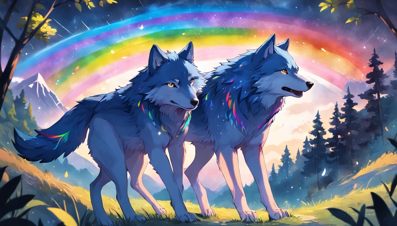 Card frame Cute teenager Blue wolf with rainbow colored background Extremely colorful Design the starry sky