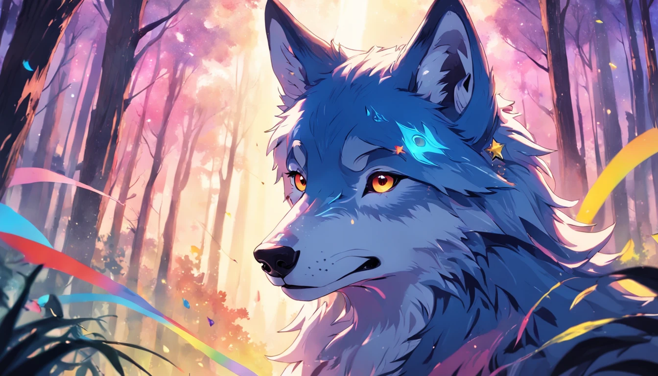 Card frame Cute teenager Blue wolf with rainbow colored background Extremely colorful Design the starry sky