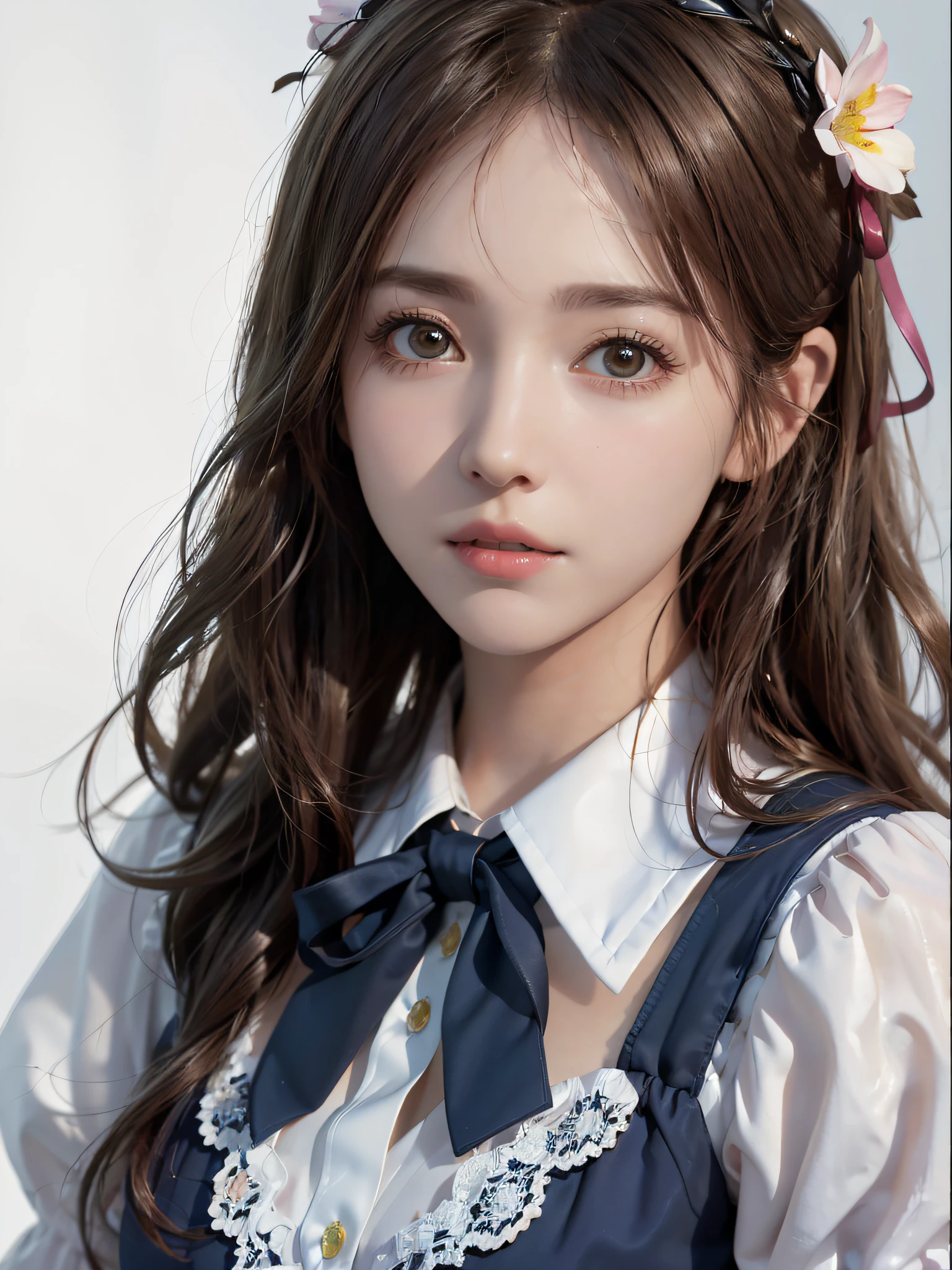 dressed, (photorealistic: 1.4), (hyperrealistic: 1.4), (realistic: 1.3), (smooth lighting: 1.05), (cinematic lighting quality improvement: 0.9), 32K, 1 girl, Japan woman, realistic lighting, backlit, face lights, ray tracking, (bright light: 1.2), (quality improvement: 1.4), ( Realistic textured skin of the highest quality: 1.4), fine detailed eyes, detailed face, fine quality eyes, brown eyes, (moist light pink lips that are wet and reflect light), (tired and sleepy and satisfied: 0.0), white silk blouse with blue floral pattern with ruffles and lace, ribbon ties with thin strings, dark brown hair, short cropped bangs on the forehead, small ribbons on the hair, small flower headbands, One adult woman with faint smile (isolated on white background)