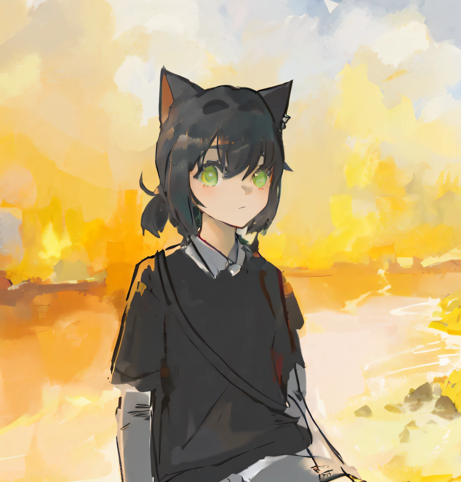 Anime girl sitting on rock,Cat ears and black shirt, anime moe art style, anime catgirl, cute anime catgirl, anime girl with cat ears, in an anime style, In anime style, cat woman, beautiful anime catgirl, made with anime painter studio, Anime style portrait, anime cat, author:New Art, Girl with cat ears