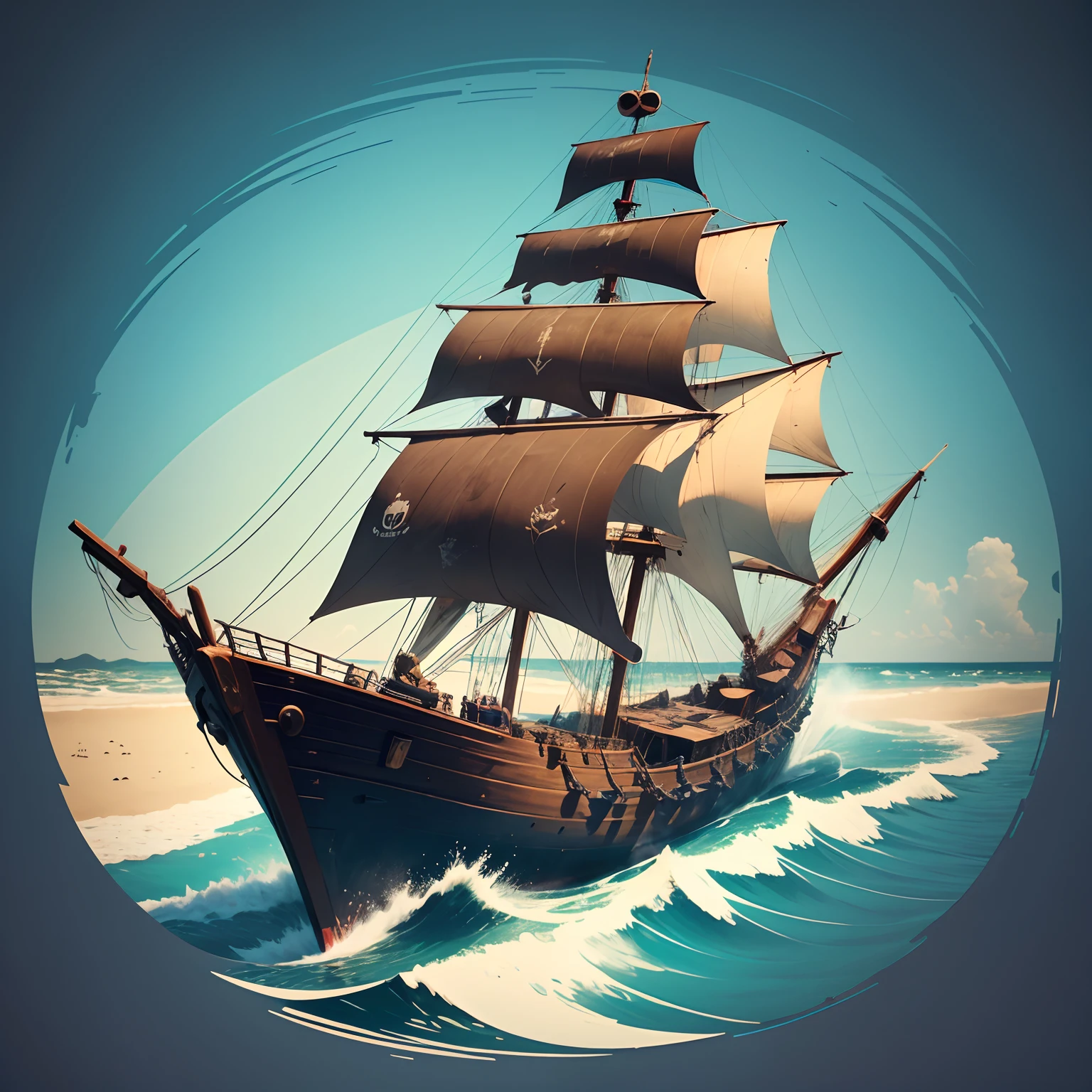 a shark entangled in a rope is eating a pirate ship, anglerfish,flat design of one retro, colorful shades, highly detailed clean, vector image, flat white background, isometric, vibrant vector, t-shirt design, retro, vintage, rustic, distressed texture, faded colors, line art, beach living, engraving style, background white, no shadows. --auto
