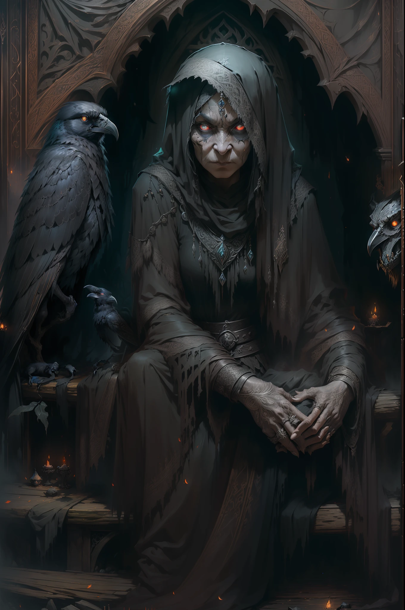 A shriveled old witch sits on a Kadilau bench in the background,She was holding a Soniste crow, The witch old woman holds the crow, The witch, the old woman, and the crow snuggled tightly, tmasterpiece,best qualtiy,Forcing Allah righteousness,Realist School Details,ultra - detailed, 16k,high definition resolution,Epic dark fantasy art style, gothic fantasy art, dark fantasy concept art, an ominous fantasy illustration, dark fantasy style, fantasy dark art,