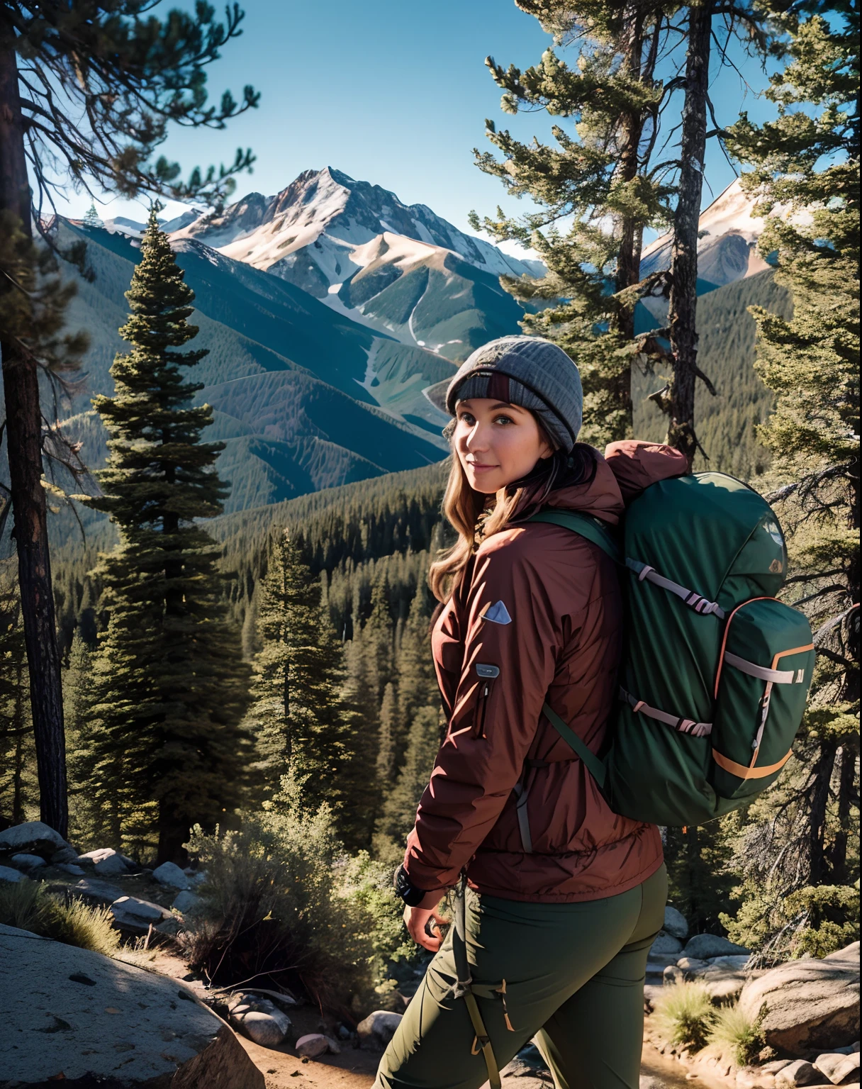 adventurous and outdoorsy, dressed in hiking gear and a backpack, standing proudly amidst towering mountains and evergreen trees:0.3 personification of (Colorado)1.1 reflecting the love for nature and outdoor activities.