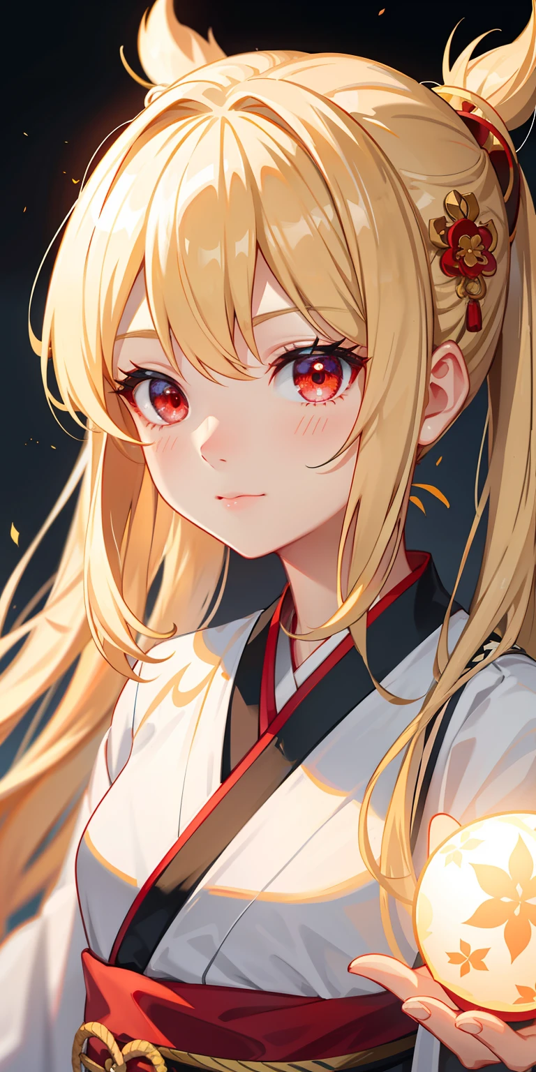 1girl, (hanfu), with light glowing, sidelighting, Wallpapers,blond hairbl,red - eyed,校服