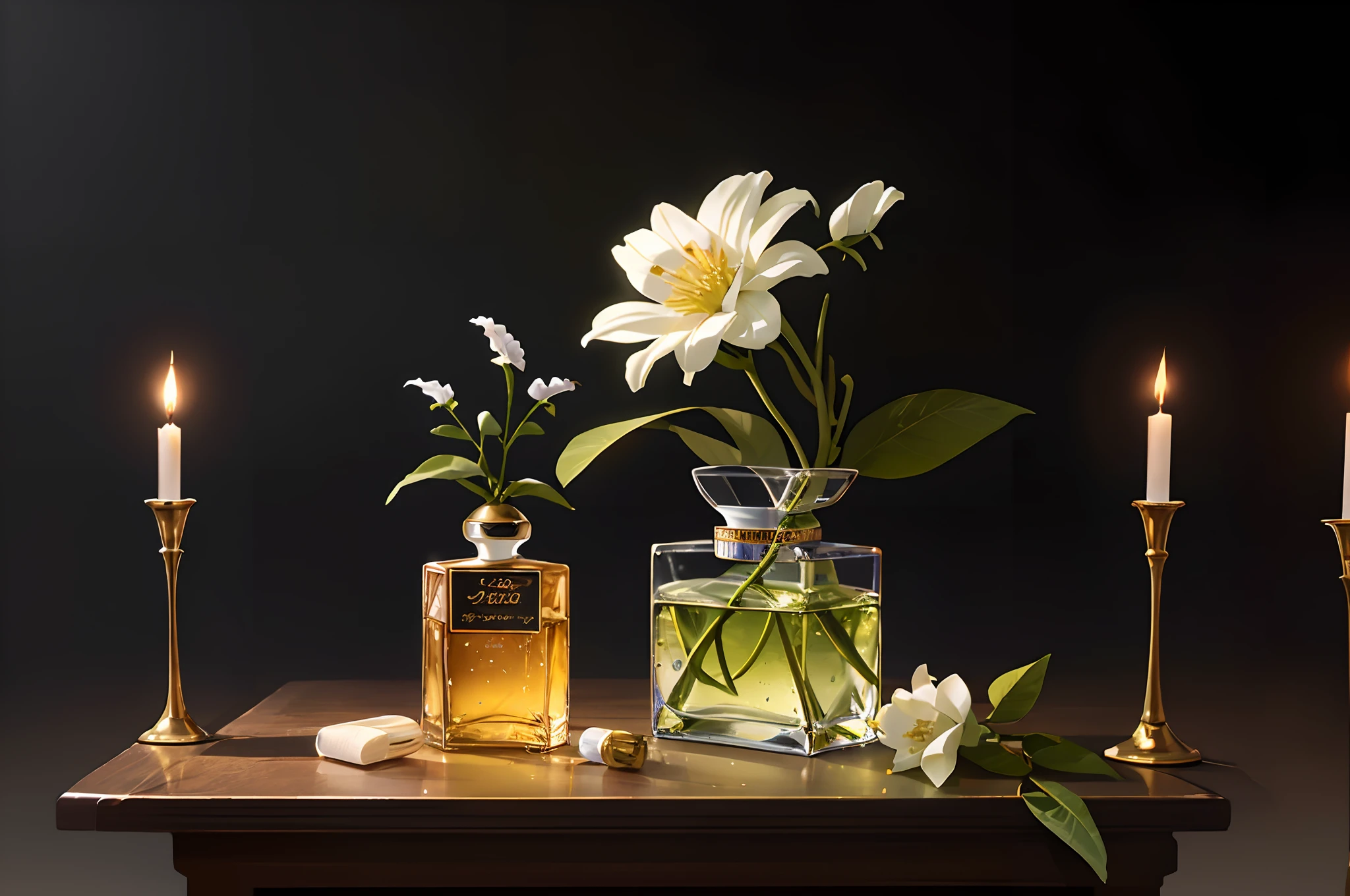 there is a bottle of perfume sitting on a table with flowers, a picture inspired by May de Montravel Edwardes, shutterstock, renaissance, perfume, floating in perfume, high quality product photography, product photography, commercial product photography, an elegant green, lush and green, dramatic product photography, !!natural beauty!!, perfume bottle, alexey egorov
