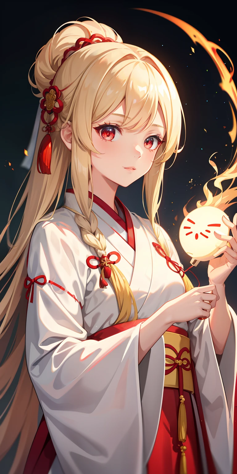 1girl, (hanfu), with light glowing, sidelighting, Wallpapers,blond hairbl，red - eyed，校服