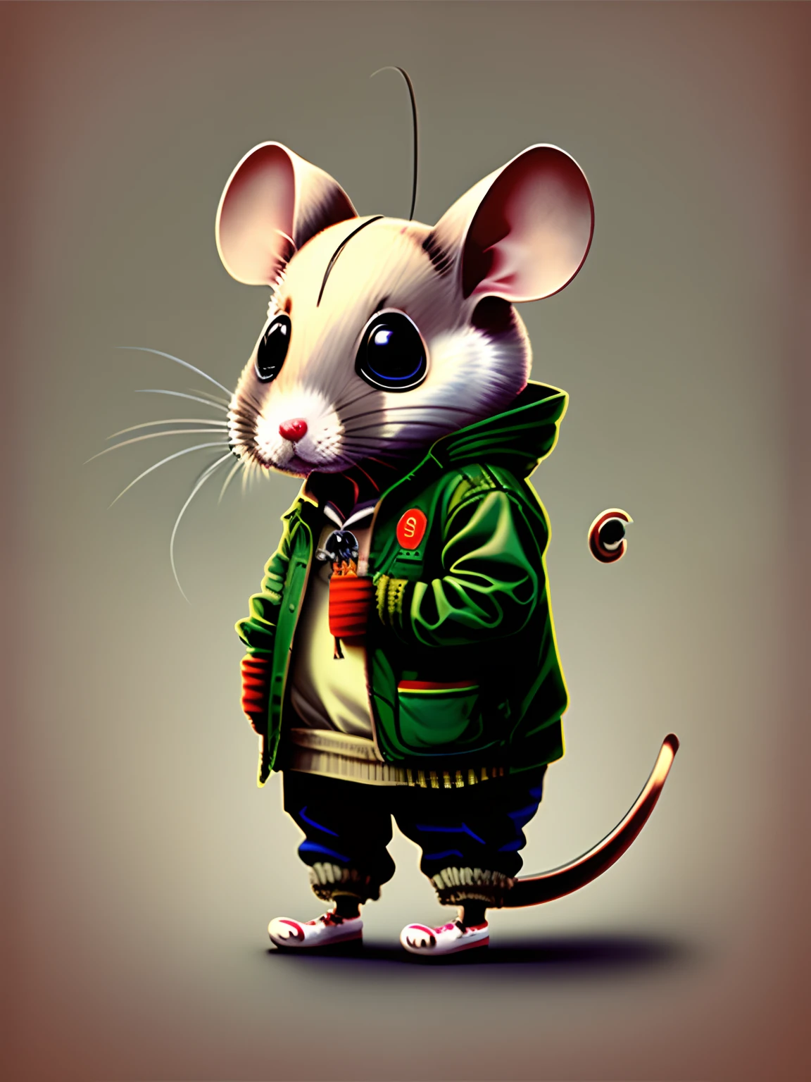 The illustration is a mouse with the clothes of a classic company worker , bipedal rat , skull ,