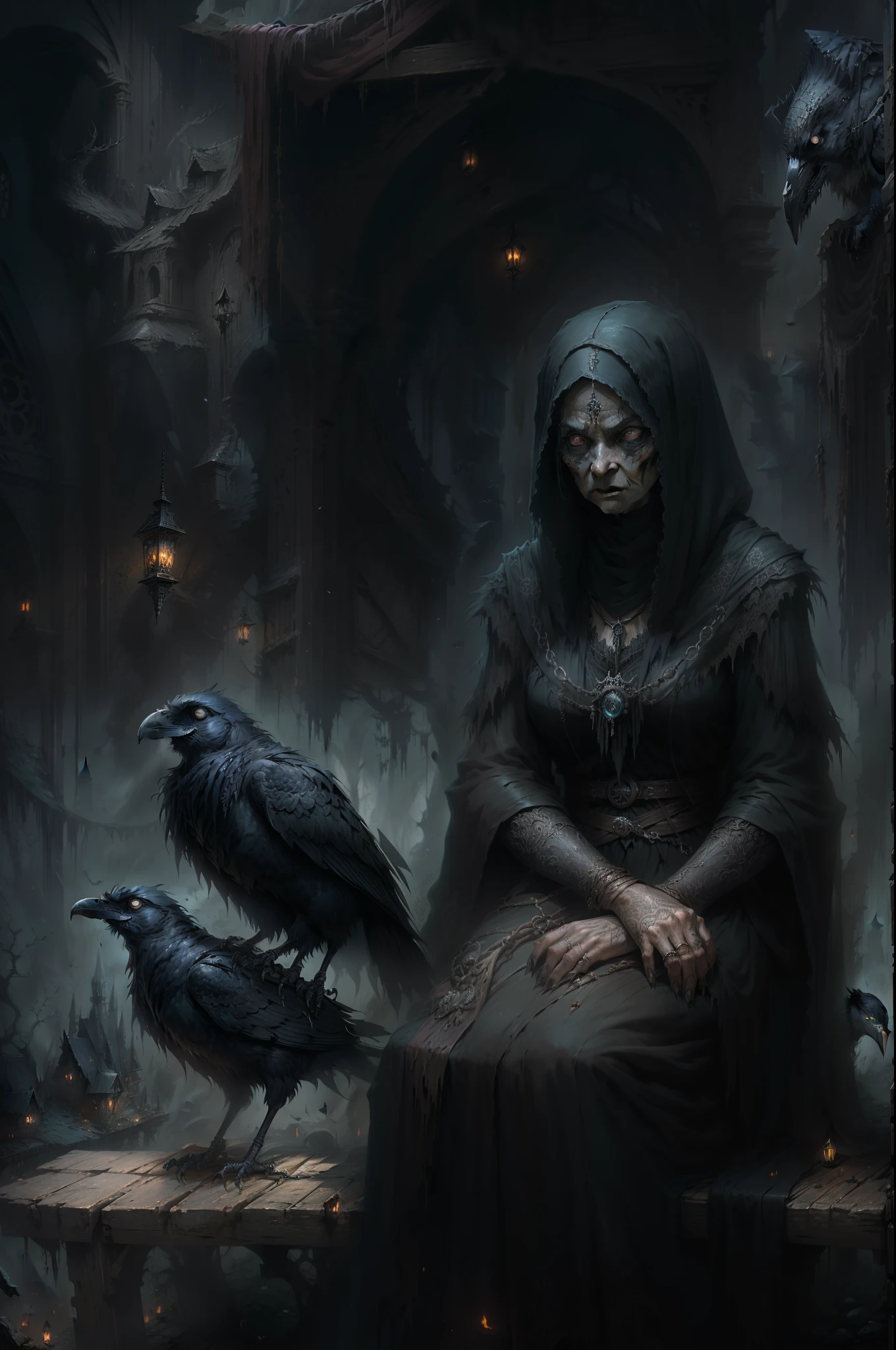 A shriveled old witch sits on a Kadilau bench in the background,She was holding a Soniste crow, The witch old woman holds the crow, tmasterpiece,best qualtiy,Forcing Allah righteousness,Realist School Details,ultra - detailed, 16k,high definition resolution,Epic dark fantasy art style, gothic fantasy art, dark fantasy concept art, an ominous fantasy illustration, dark fantasy style, fantasy dark art,