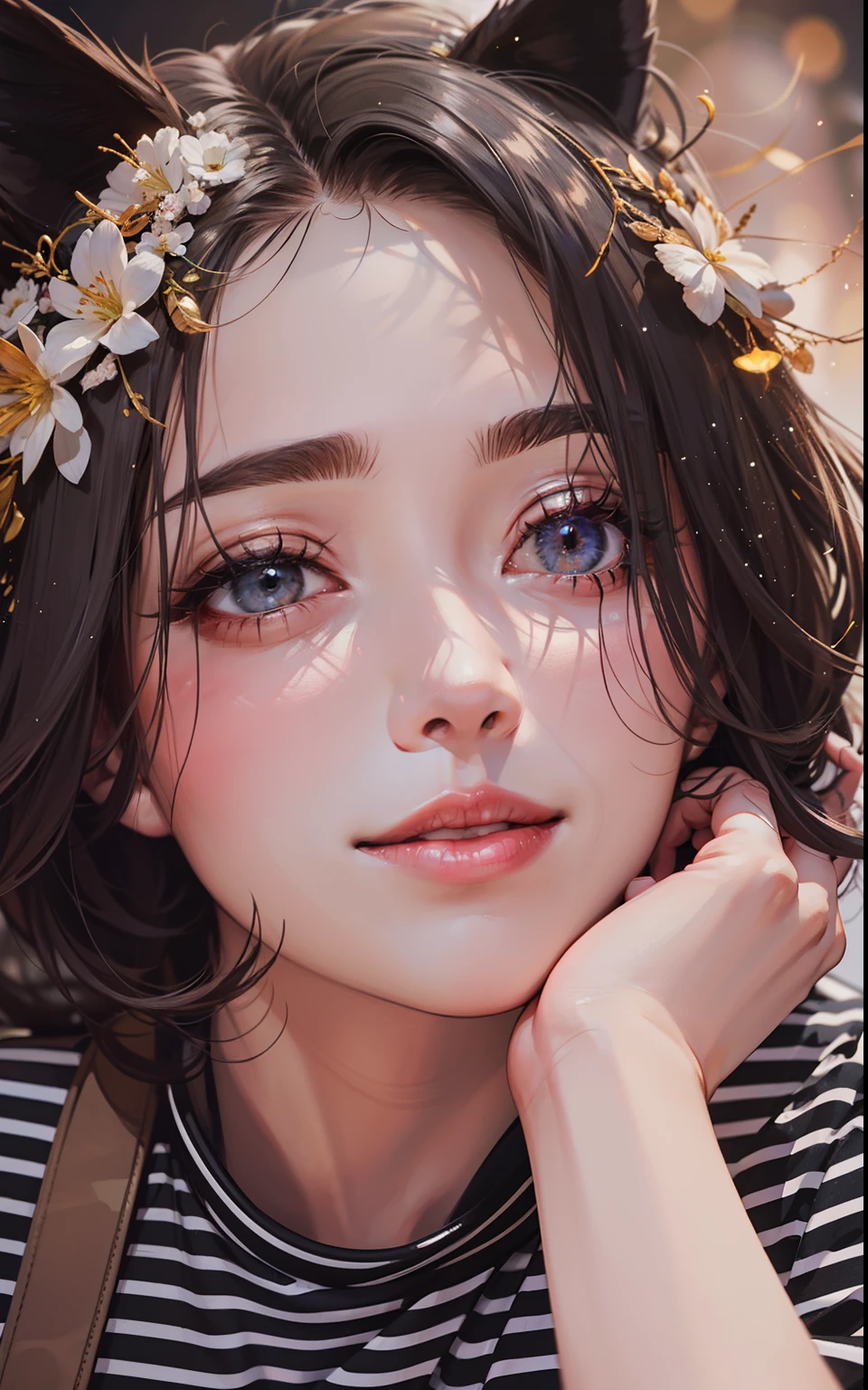 1girl,herry blossoms, 1girl, tree, solo, aurora, fireworks, long_hair, fireflies, light_particles, pine_tree, snowflake_background, milky_way, aerial_fireworks, headdress, arms behind body, brown_eyes, smile, face focus,photorealistic:1.4 detailed face,detailed eyes,shiny skin,full body,close up,looking viewers,Naked