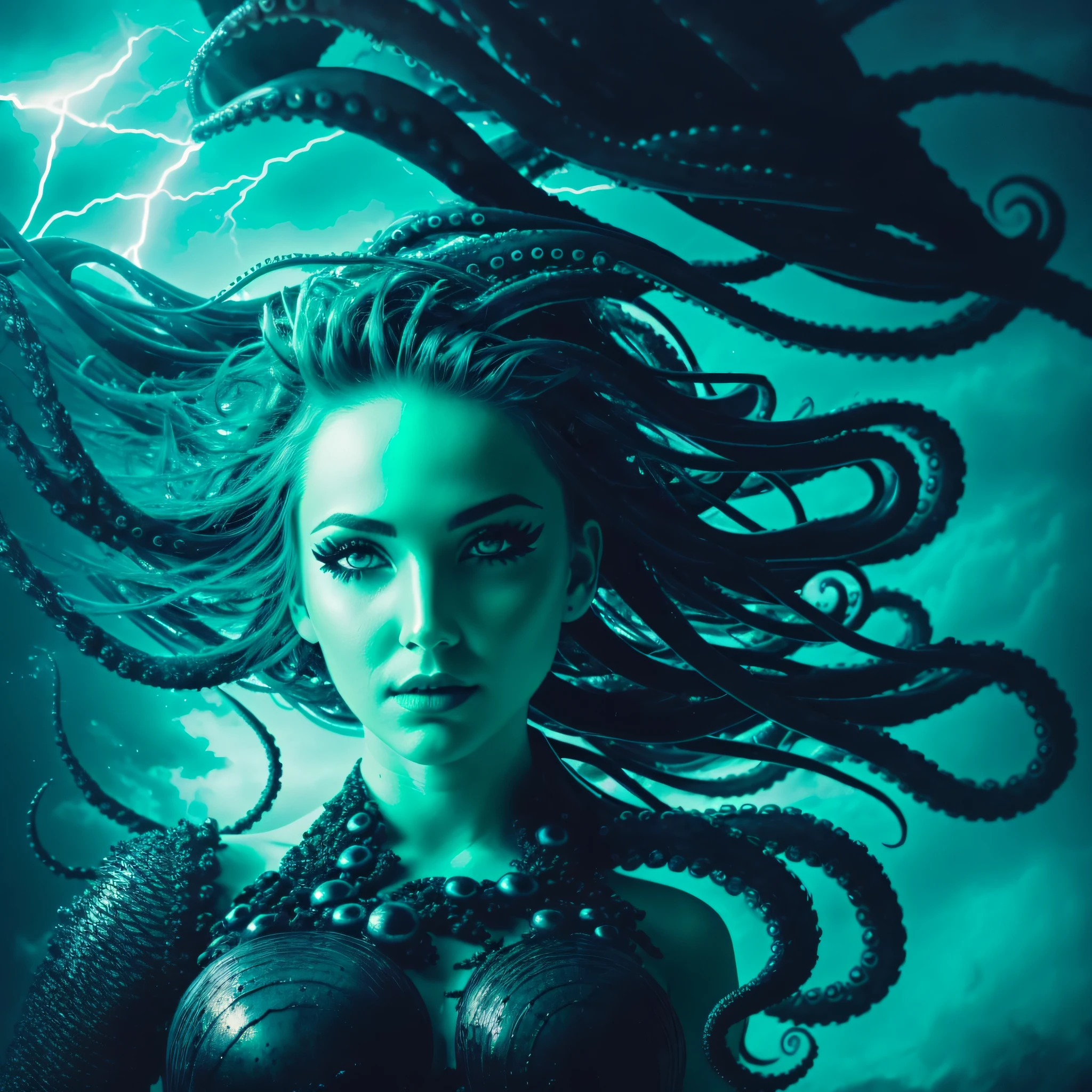 a photo of a sea witch, green short hair, evil, villain, she's coming for you, up close, dark ocean,( under water:1.1), lightning, glowing eyes, wearing a dress made out Seaweed, tentacles, octopus, (up close:1.3)
