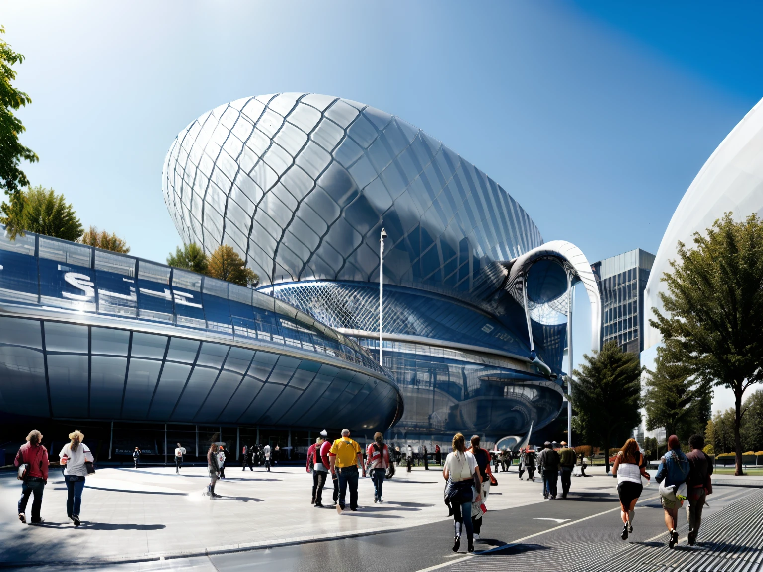 ((football stadium)),(curved building),scenery,tree,outdoors,multiple people,city,day,sign,real world location,pavement,water,