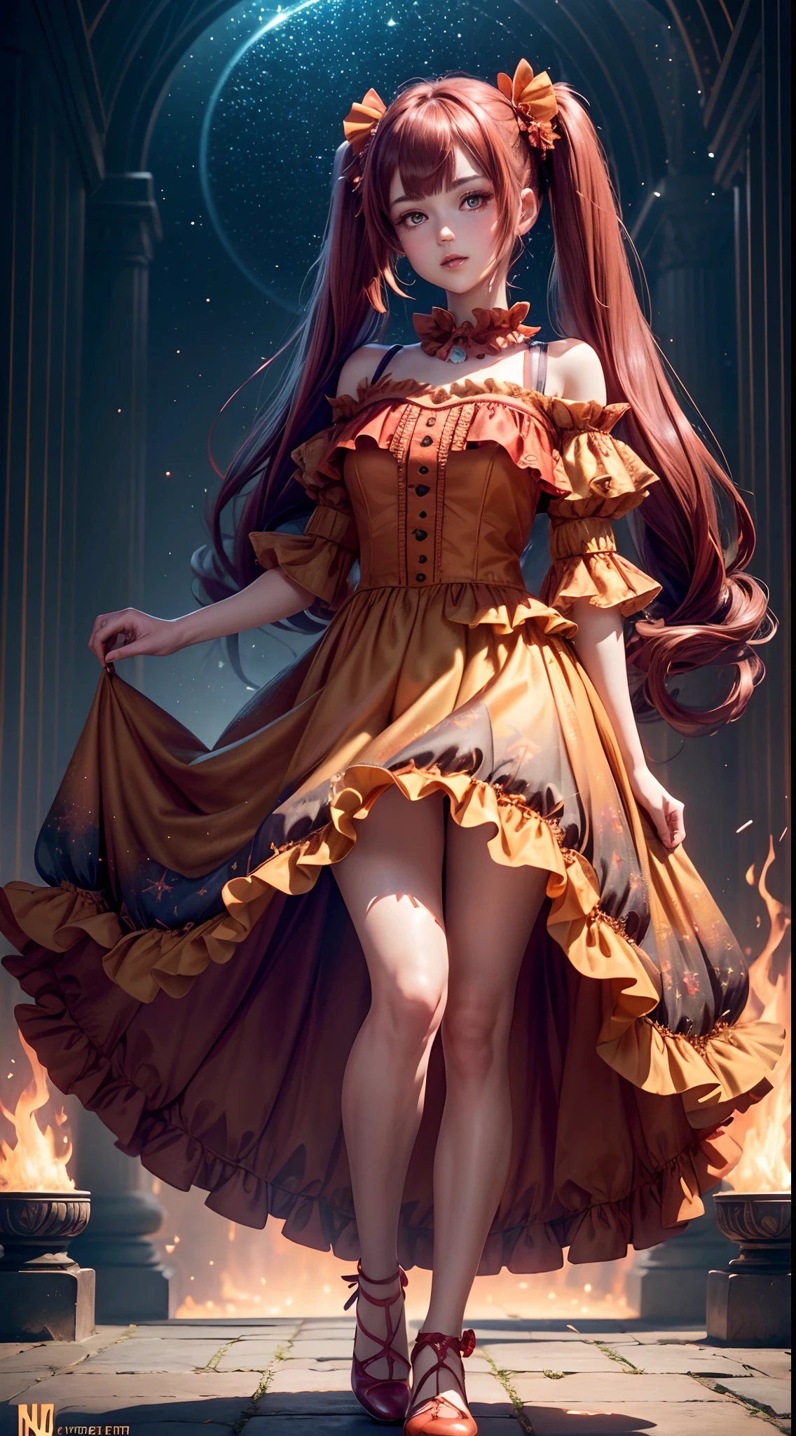 (fullbody, legs and shoes visible: 1.2)) expressive eyes, woman, pale skin, long hair, windblown hair, ((long hair)), long sidelocks, hime bangs, hair fringe, hair bun, ((long twintails)), flaming hair, red hair, blushing, full face blushing, big sparkling glowing red eyes, (gradient eyes), open mouth smile, cute pose,
flowy flaming dress, ((scarlet multicolored open dress)), (mist), orange ruffles, yellow frills, (light red lace), detached short sleeves, puffy skirt, ((fire and stars print skirt : 1.3)), lolita skirt, dark red bows, ((pompon ribbons hair ornament : 1.4)), multiple bows, striped lace stockings, (heart shaped leg garter), cute (dark orange) shoes ((hyperdetailed clothing and fashion)) looking at you, vintage girl, blushing, (beautiful detailed eyes), (extremely detailed CG unity 8k wallpaper) (best shadow), ((an extremely delicate and beautiful)), (detailed light), ((depth of field)) big head, big sparkling eyes, moe, splash art, cinematic lighting, frontal view, volumetric lighting maximalist photo illustration 64k resolution high res intricately detailed complex key visual precise linear 
((in the dark palace background, surrounded by expensive decor, shooting stars)) ((hyperdetailed scenery, foggy, darkness : 1.3))