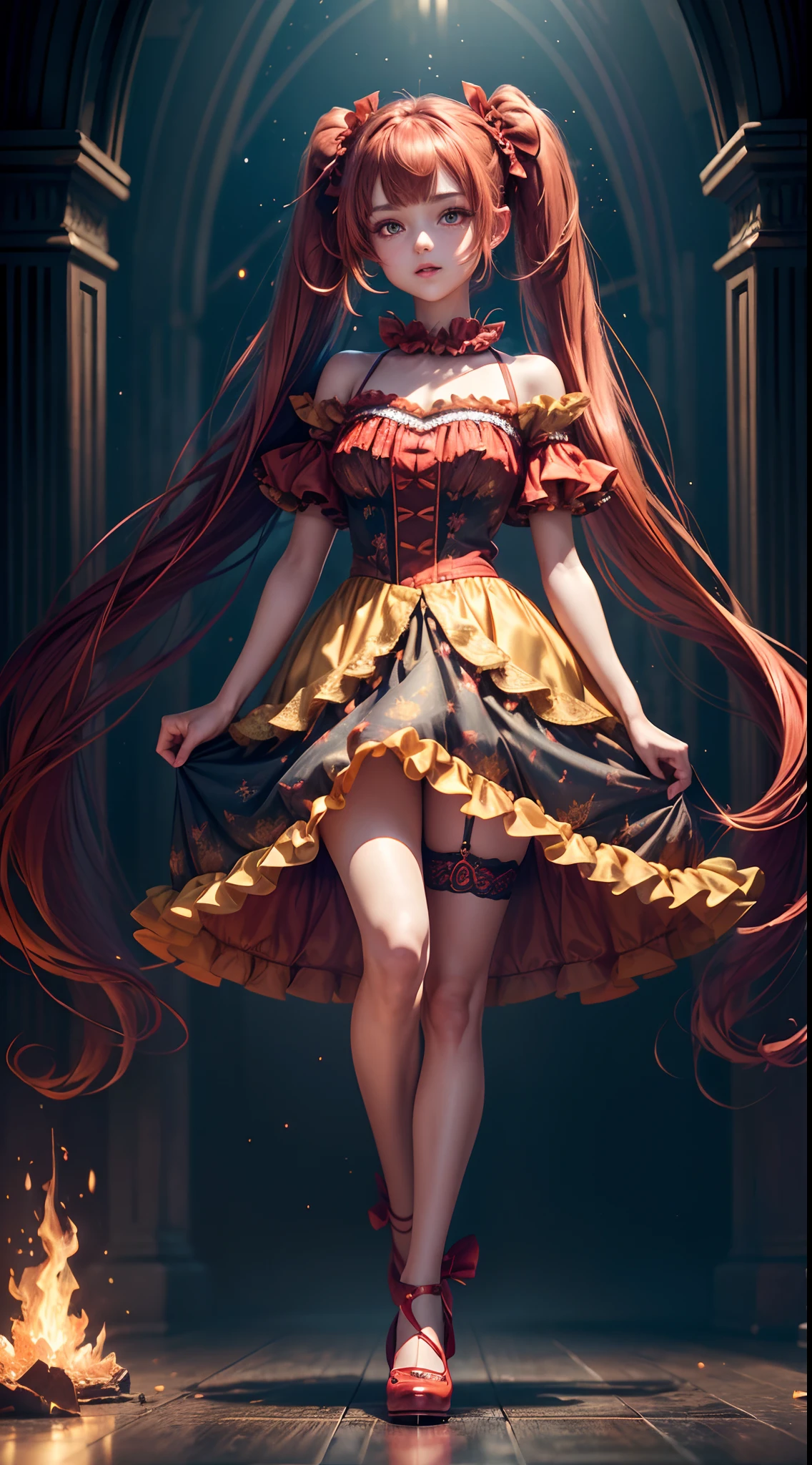(fullbody, legs and shoes visible: 1.2)) expressive eyes, woman, pale skin, long hair, windblown hair, ((long hair)), long sidelocks, hime bangs, hair fringe, hair bun, ((long twintails)), flaming hair, red hair, blushing, full face blushing, big sparkling glowing red eyes, (gradient eyes), open mouth smile, cute pose,
flowy flaming dress, ((scarlet multicolored open dress)), (mist), orange ruffles, yellow frills, (light red lace), detached short sleeves, puffy skirt, ((fire and stars print skirt : 1.3)), ta skirt, dark red bows, ((pompon ribbons hair ornament : 1.4)), multiple bows, striped lace stockings, (heart shaped leg garter), cute (dark orange) shoes ((hyperdetailed clothing and fashion)) looking at you, vintage girl, blushing, (beautiful detailed eyes), (extremely detailed CG unity 8k wallpaper) (best shadow), ((an extremely delicate and beautiful)), (detailed light), ((depth of field)) big head, big sparkling eyes, moe, splash art, cinematic lighting, frontal view, volumetric lighting maximalist photo illustration 64k resolution high res intricately detailed complex key visual precise linear
((in the dark palace background, surrounded by expensive decor, shooting stars)) ((hyperdetailed scenery, foggy, darkness : 1.3))