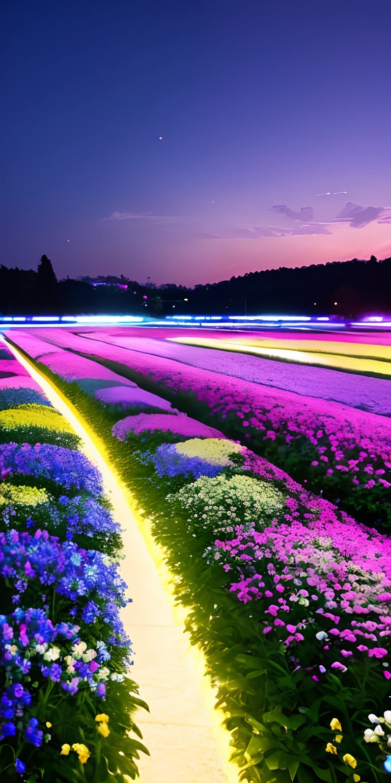 A sea of flowers blooms with brilliant light,Create a captivating night scene。